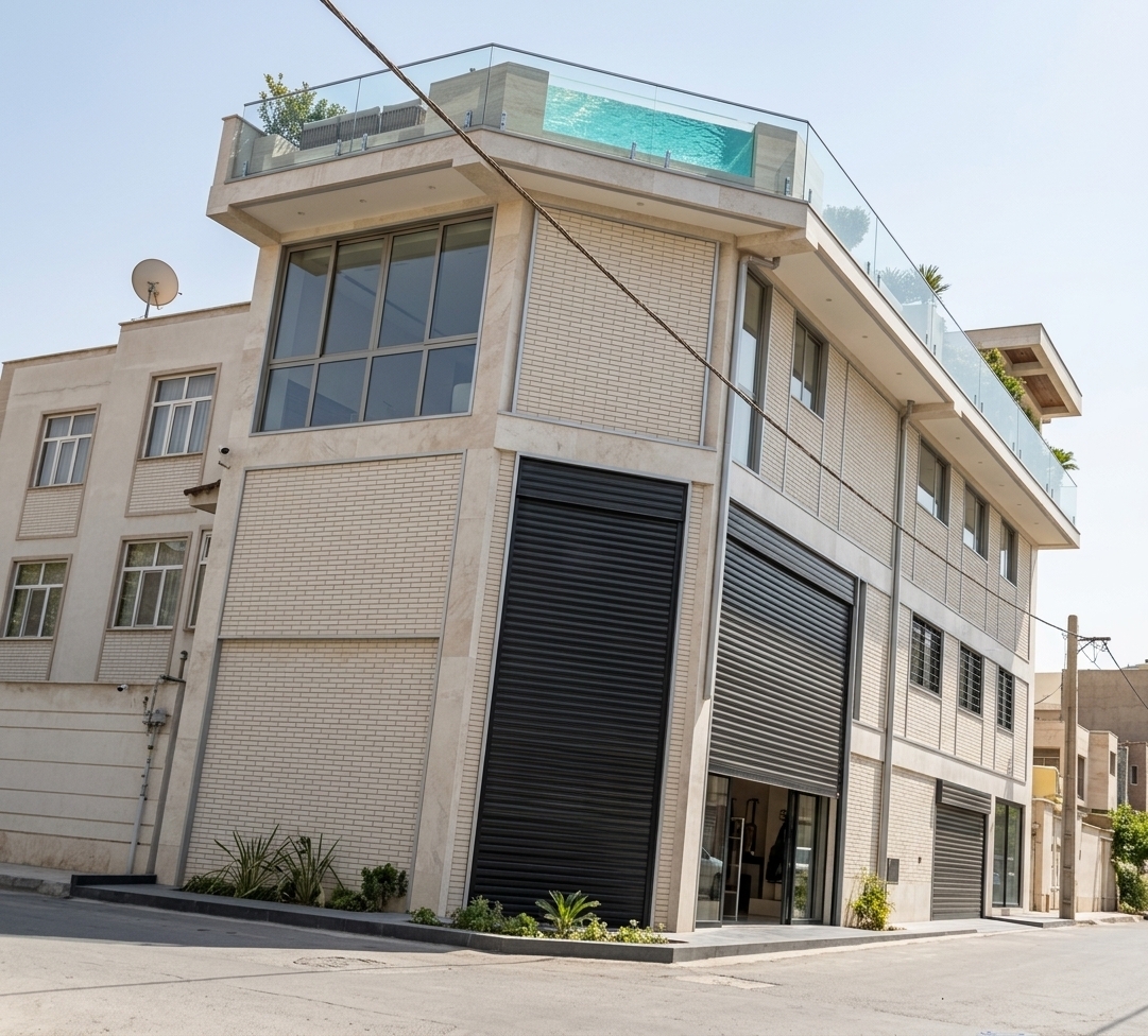 An incredibly lifelike, richly detailed, photorealistic wide-angle architectural shot of a fully finished modern fusion corner building set in a pristine urban neighborhood. The scene is illuminated by bright, natural daylight with soft, geometric shadows, creating an elegant and sophisticated atmosphere. Captured with a professional 24mm tilt-shift architectural lens, emphasizing the tactile vertical cream-white brickwork with matte reflections around the windows, smooth stone cladding, and crisp aluminum trim. The raw concrete structure from the original building is seamlessly transformed into a high-end contemporary design, complete with fully integrated multi-pane windows, refined dark metal ground-floor shutters, and expansive upper terraces protected by glass railings. Elevating the design, the top level reveals a luxurious rooftop terrace featuring a modern outdoor pool area with sparkling turquoise water, harmonizing perfectly with the sleek, completed facade and its urban context.