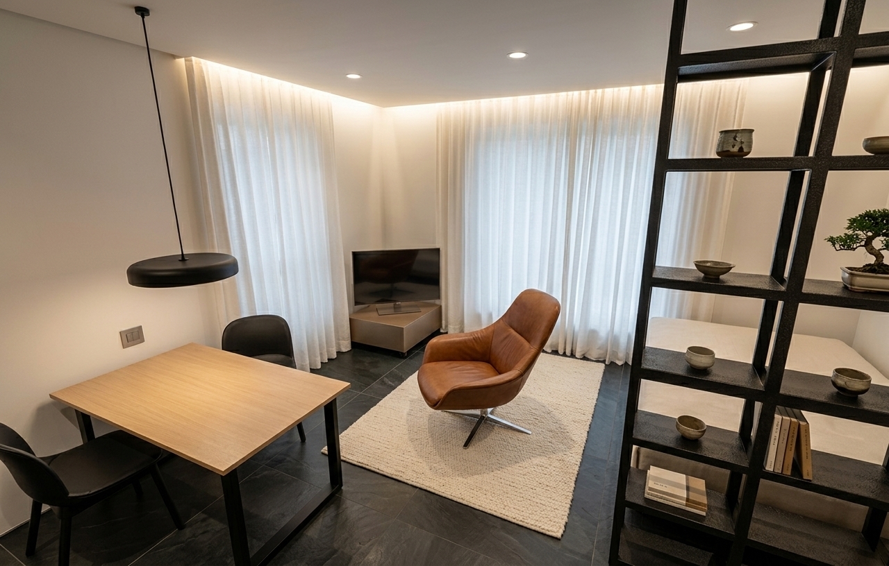 An incredibly lifelike, richly detailed, photorealistic wide-angle interior photo of a minimalist Japanese Zen living room set in a serene contemporary studio apartment. The scene is illuminated by soft ambient perimeter cove lighting and gentle recessed ceiling spotlights, creating a tranquil, calm, and balanced atmosphere. Captured with a professional 24mm wide-angle lens, emphasizing the crisp contrast between matte black structural frames, supple cognac leather upholstery, fine linen drapery, and polished dark slate floor tiles. On the left, a sleek dining table featuring a light wood finish and matte black metal legs is paired with minimalist black chairs, anchored by a low-hanging circular black pendant light. In the central space, a mid-century inspired cognac-brown swivel lounge chair sits gracefully atop a plush off-white area rug, facing a discreet corner TV console. Full-height, flowing white curtains wrap around the far walls, softening the architecture, while a tall, dark open-grid bookshelf divider frame structures the foreground on the right, accentuating the uncluttered, harmoniously arranged, and wabi-sabi aesthetic of the home.