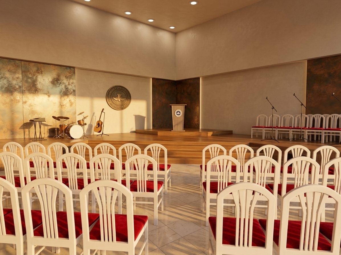 An incredibly lifelike, richly detailed, photorealistic wide-angle interior photo of a grand hotel lobby hall set in a luxury coastal summer resort. The scene is illuminated by the warm, golden glow of a low-hanging sunset streaming through expansive floor-to-ceiling windows, creating a peaceful and atmospheric ambiance. Captured with a 24mm tilt-shift lens, emphasizing the unique patinated metallic accent walls, smooth neutral-toned ceiling with soft recessed lights, and rows of pristine white chairs accented with vibrant red cushions. A gentle coastal breeze breathes life into the open, airy layout, casting soft, elongated shadows across the light tiled flooring toward the raised central stage and speaker's podium.