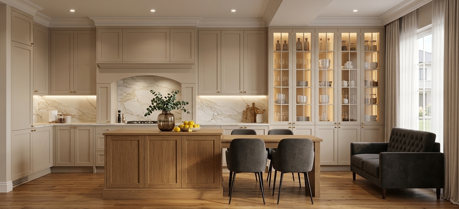 An incredibly lifelike, richly detailed, photorealistic eye-level wide shot of an elegant kitchen with French country charm set in a cozy, upscale residential interior. The scene is illuminated by warm, layered architectural lighting—including recessed ceiling spotlights, glowing glass-fronted display cabinets, and soft under-cabinet LED strips—complemented by gentle daylight filtering through sheer white window drapes on the right, creating a warm, inviting, and romantic atmosphere. Captured with a high-end full-frame camera and a 35mm tilt-shift architectural lens, emphasizing the matte beige-tinted cabinetry, the exquisite veining of the marble backsplash, and the organic textures of wood and linen.

The central feature of the space is a seamless wall of custom beige shaker-style cabinetry adorned with delicate brass pulls and crowned with classic ceiling molding. At the heart of the cooking zone sits a traditional arched mantel hood mounted above a cooktop, surrounded by a luxurious Calacatta marble backsplash with soft grey and muted gold veining that continues across the countertops. To the right, tall, backlit vitrine cabinets with mullioned glass doors showcase meticulously arranged glass apothecary bottles, white ceramic dishware, and glass storage jars filled with dry pantry staples.

In the foreground, a kitchen island clad in warm-toned oak panelling anchors the space. It seamlessly transitions into an attached dining peninsula, where two modern charcoal-grey upholstered dining chairs rest on slender black metal legs. The island surface is lovingly arranged with a translucent smoked-glass vase holding fresh eucalyptus branches, a bowl of bright yellow lemons, and rustic wooden cutting boards leaning against the marble splash.

To the right of the cabinetry, a compact, tufted dark charcoal settee adds an element of relaxed lounge comfort, framed by soft, floor-to-ceiling neutral curtains. The rich, natural oak floorboards stretch across the frame, catching subtle warm reflections from the ambient lights. The composition is flawlessly balanced, highlighting depth, precise geometric alignment, and an overarching feeling of refined French provincial sophistication.