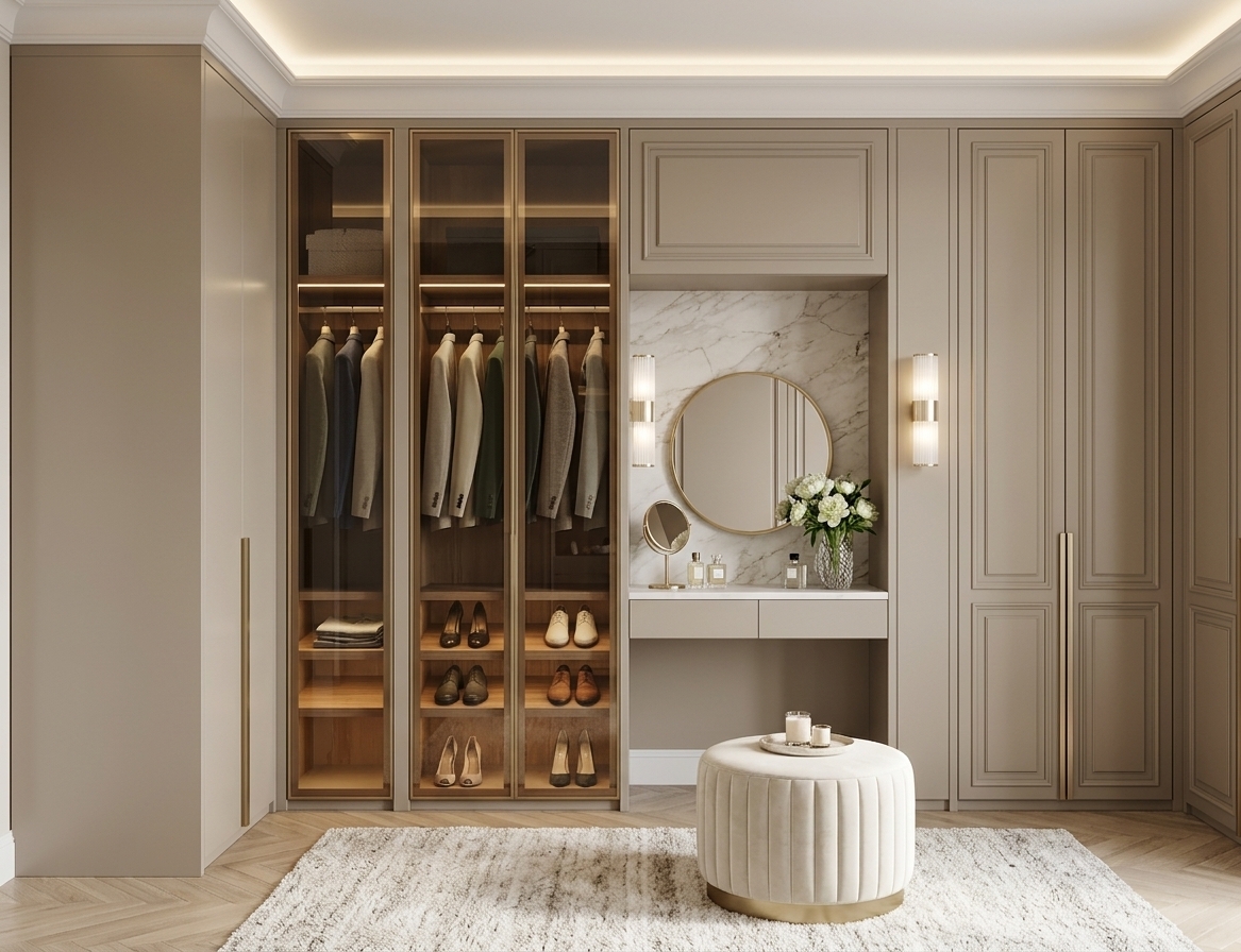 An incredibly lifelike, richly detailed, photorealistic wide-angle interior shot of a modern luxury walk-in closet set in an elegant high-end residence during mid-spring. The scene is illuminated by crisp, natural midday daylight blended seamlessly with warm, concealed LED cove lighting and integrated linear accents, creating a serene, sophisticated, and inviting atmosphere. Captured with a professional 35mm architectural lens, emphasizing ultra-sleek matte lacquer surfaces, bronze-tinted glass reflections, and rich brushed brass metal details.

Maintaining its impeccably structured layout, the bespoke cabinetry spans the entire wall in a seamless modern fusion design. On the left, a tailored full-height corner wardrobe is finished in a smooth, warm greige matte lacquer with slim, vertical brushed-gold edge pulls. Beside it, the central display section features ultra-thin dark aluminum frames holding tinted fluted glass double doors, through which warm backlit LED shelves highlight neatly hung luxury attire, tailored jackets, and curated footwear displayed on warm wood shelves below.

At the center, the dedicated vanity station is flanked by modern, vertical LED strip lights seamlessly inset along a honed Calacatta marble backsplash. Above the marble countertop sit elegant glass fragrance bottles, a gilded brass table mirror, and a crystal vase filled with fresh white spring peonies. Flanking the mirror are two contemporary wall sconces featuring frosted fluted glass diffusers and champagne gold brass accents. Beneath the counter, five smooth-touch drawers with minimal pull bars offer refined storage.

To the right, matching double-door tall wardrobes complete the symmetry, showcasing flush architectural paneling and pristine craftsmanship. In the foreground, a plush, circular ivory velvet ottoman with vertical channel tufting rests on a brushed brass plinth base, topped with a delicate candle tray. The floor beneath consists of light oak parquet laid in a classic herringbone pattern, partially covered by a soft, high-pile textured wool area rug in off-white tones. Subtle depth of field and soft, natural shadows enhance the realism, giving the space a quiet sense of timeless, high-end opulence.