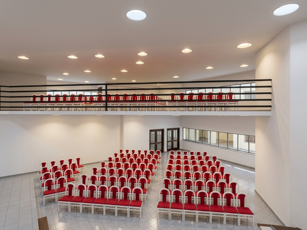 An incredibly lifelike, richly detailed, photorealistic wide-angle interior photo of a multi-tiered exhibition hall set in a modern cultural venue during a bright spring midday. The scene is illuminated by warm, recessed ceiling spotlights complemented by subtle daylight filtering in from adjacent corridors, creating a sophisticated and vibrant atmosphere perfectly tuned for a gathering crowd. Captured with a 24mm tilt-shift architectural lens, emphasizing the striking contrast of vivid red seat cushions against sleek white frames, the smooth finish of the pristine walls, and the bold black metal horizontal balcony railings. The main hall features neat, symmetrically arranged seating divided by clean central walkways that guide the eye toward the rear double doors, while the upper mezzanine level offers an expansive vantage point overlooking the entire space. Clean light-gray tiled floor tiles gently reflect the overhead glow, elevating the room's airy sense of spaciousness and contemporary elegance, fully ready to host a bustling event.