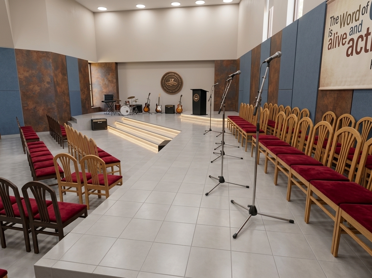 An incredibly lifelike, richly detailed, photorealistic wide-angle interior photo of a modern auditorium and worship area set in a grand contemporary exhibition space. The scene is illuminated by gentle midday spring sunlight paired with soft overhead recessed spotlights, creating an inviting, serene, yet lively atmosphere brimming with vibrant crowd ambience. Captured with a 24mm architectural wide-angle lens, emphasizing the rich textures of mottled rust-and-slate blue patina accent walls, smooth light-grey floor tiling, and the sharp contrast of white wooden seating topped with plush crimson cushions. The elevated stage features soft step lighting leading up to professional musical instruments, a sleek black lectern emblazoned with a circular emblem, and microphone stands neatly framing the central aisle, perfectly capturing a blend of spiritual warmth and contemporary elegance.