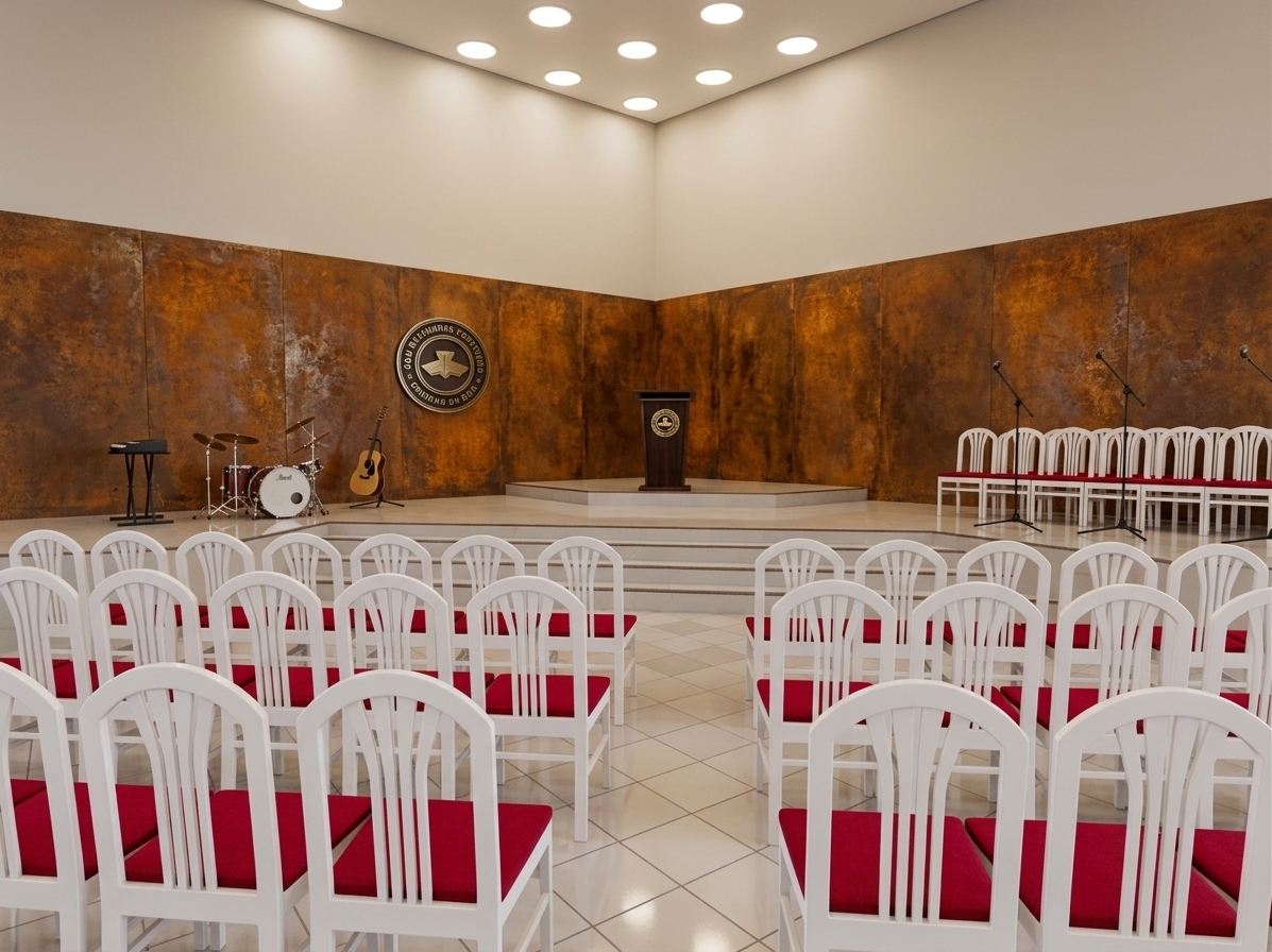 An incredibly lifelike, richly detailed, photorealistic wide-angle interior photo of a modern church sanctuary auditorium set in an expansive contemporary exhibition space. The scene is illuminated by bright overhead recessed ceiling lights and soft ambient fill lighting on a crisp spring midday, creating a warm, reverent, and inviting atmosphere. Captured with a professional 24mm wide-angle lens, emphasizing the tactile rust-patina feature walls, subtle floor reflections, and vibrant crimson seat cushions, the composition captures a spacious hall perfectly prepared for a vibrant gathering. Rows of pristine white wooden chairs with bright red upholstered pads face a multi-tiered, illuminated stage centered with a dark, polished lectern bearing the church emblem. To the side of the stage, acoustic instruments and a drum kit sit ready under soft accent lights, while a secondary choir seating area with microphone stands rests on the opposite side. The clean floor tiles and rich textured backdrop combine with the symmetry of the arrangement to convey sophisticated architectural design and effortless contemporary elegance.
