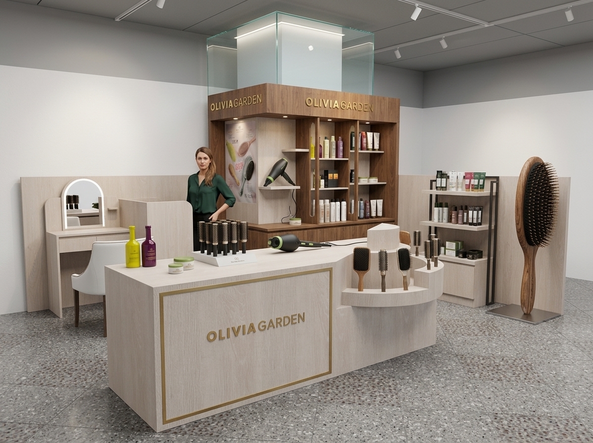 The photo vividly captures an interior architectural design for a modern exhibition space, exuding contemporary elegance through its thoughtful use of materials and refined details. The central focus is a multi-functional counter crafted from light, textured wood, accentuated by striking gold trim that frames the "OLIVIAGARDEN" branding on its front. This counter features an intriguing asymmetrical, tiered display section, presenting various haircare products like brushes and bottles in an organized fashion. Overhead, a sleek, dark wood structure anchors prominent "OLIVIAGARDEN" signage, topped by a translucent glass box that hints at an illuminated display. Surrounding this central hub, the space integrates a variety of display solutions: to the left, a minimalist station with a curved mirror and a single white chair suggests a styling or consultation area, set against a backdrop of rich, darker wood panels. To the right, open shelving units with thin, dark metal frames offer additional product presentation, while a striking, oversized hairbrush acts as a bold, artful statement piece. The flooring introduces a subtle contrast with its grey square tiles interspersed with lighter, speckled terrazzo-like squares, adding texture without overwhelming the clean aesthetic. The walls are a neutral, light grey, providing a calm backdrop that allows the warm wood tones and product displays to stand out. A stylized, faceless figure stands behind the main counter, adding a sense of scale and implied interaction within this brightly lit, well-organized, and inviting retail or promotional environment.