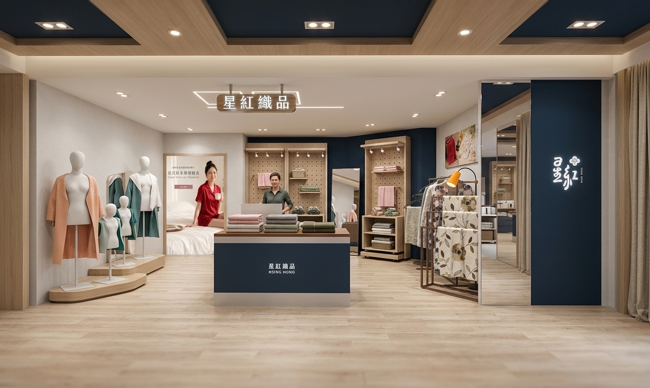The photo captures a brightly lit, modern fusion coffee shop interior, meticulously designed with a blend of sleek lines and warm, inviting elements. The architectural style leans towards a contemporary aesthetic, characterized by its crisp geometry and sophisticated color palette. The majority of the walls and the ceiling are finished in a light, neutral grey, creating a clean, expansive backdrop, while a rich, deep teal blue is strategically employed on accent walls and the prominent service counter, injecting a vibrant yet sophisticated contrast.

The flooring is a light, natural wood-toned laminate, contributing a sense of warmth and an organic texture that balances the modern fixtures. Ambient lighting appears to be recessed in the ceiling, providing an even, bright glow throughout the space, supplemented by focused spotlights on the display units, drawing attention to featured items. The central feature is a substantial service counter, clad in the deep teal blue with a pristine white countertop, showcasing carefully arranged stacks of what appear to be branded merchandise, perhaps high-quality tea towels, specialty blankets, or artisanal textiles available for sale alongside beverages.

To the left, a series of elegantly curved, tiered wooden display platforms present various branded apparel, such as soft robes or loungewear, suggesting that this fusion coffee shop also curates a selection of lifestyle products. A large, internally lit framed advertisement on the left wall features a woman enjoying a relaxed moment, promoting comfort and premium quality, likely associated with a specialty beverage or dessert offered. On the right, two symmetrical light wood pegboard display units are built into the teal accent wall, adorned with small shelves and hooks holding various artisanal goods like decorative ceramic items, packaged gourmet snacks, or small art pieces, beautifully illuminated by track lighting overhead. Nearby, sleek metal racks showcase an array of patterned fabrics, possibly unique tote bags, aprons, or home decor items, further enhancing the retail-coffee shop fusion. A tall, narrow dark blue panel on the far right wall displays a white, calligraphic-style logo, adding to the brand's distinct identity. A prominent hanging sign suspended from the ceiling, featuring stylized Asian characters, subtly communicates the establishment's unique cultural blend and its "Hsing Hung" brand, emphasizing the fusion concept. The overall composition is meticulously organized, creating an inviting, human-scaled environment that encourages discovery and provides a holistic lifestyle experience beyond just a traditional coffee shop.