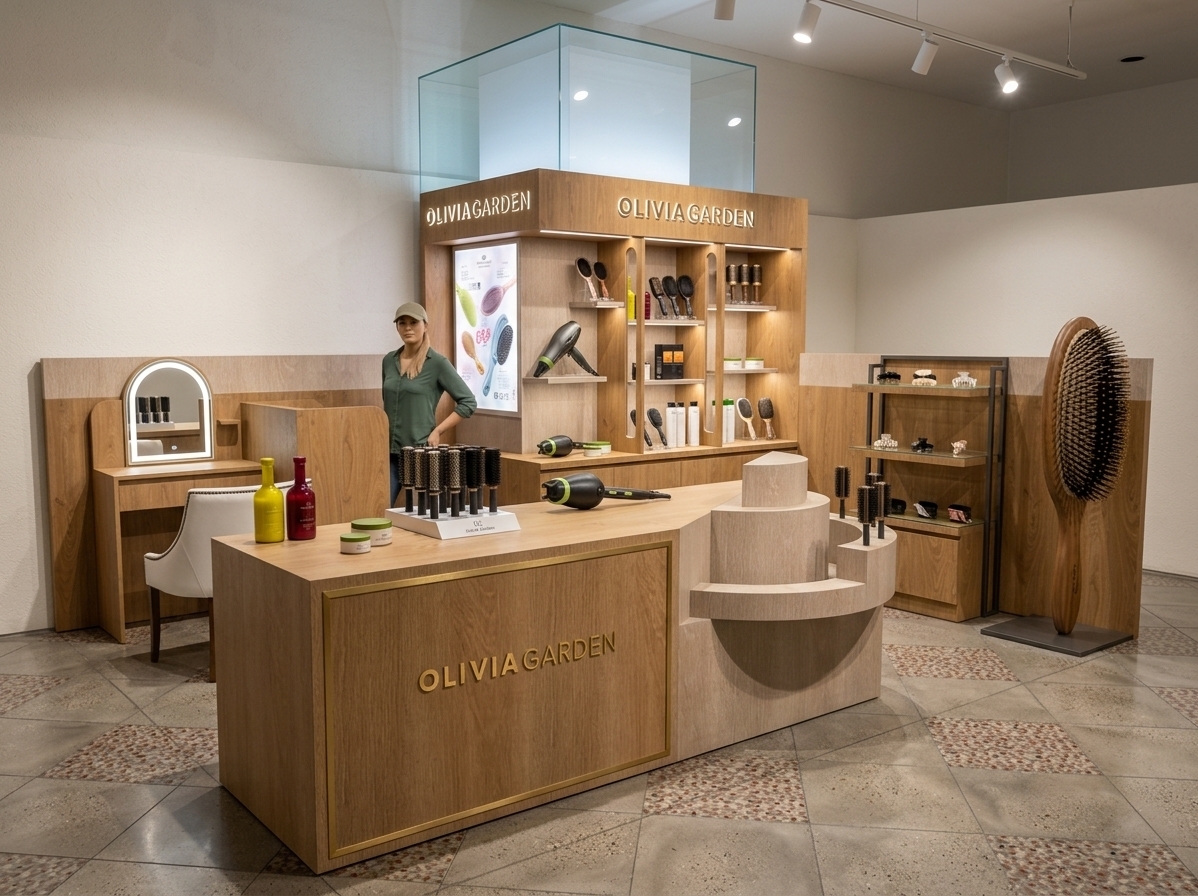 The photo captures the interior of a stylish, modern fusion coffee shop, designed with a sophisticated blend of natural textures and clean lines. The dominant feature is a striking service counter positioned centrally, exhibiting an L-shaped structure with a unique, multi-tiered, curved extension that adds dynamic fluidity to the space. The main body of this counter is clad in a light, almost bleached wood grain finish, contrasted with slender, polished brass accents that frame its edges and highlight the subtly embossed "OLIVIAGARDEN" branding in a matching golden tone, suggesting a premium artisanal brand or the coffee shop's name itself.

The counter's dark grey surface is meticulously arranged with various items that could be artisanal coffee blends, specialty syrups in sleek bottles and jars, or branded lifestyle accessories, all presented with an elevated aesthetic. A stylized, faceless figure, likely a barista or server, stands behind the counter, adding a sense of scale and implied activity. The background wall behind the counter continues the theme with a mix of darker wood paneling and open shelving units, featuring additional curated merchandise in a minimalist display. Above, a translucent glass box enclosure adds a contemporary, airy touch, potentially housing feature products or providing ambient illumination.

To the left, an inviting nook is defined by an arched mirror set against a wood-paneled backdrop, accompanied by a pristine white chair, hinting at a quiet corner for patrons to relax or perhaps a self-service station. On the far right, a tall, slender display rack, crafted from dark metal and matching wood shelves, showcases a range of branded items, including large decorative elements that, while resembling brushes, could be interpreted as uniquely designed coffee stirrers or lifestyle products reflecting the fusion concept. The flooring is a visually engaging pattern of alternating plain grey tiles and speckled reddish-brown aggregate tiles, reminiscent of modern terrazzo, which grounds the space with rich texture. The overall lighting appears soft and indirect, contributing to a warm, inviting, and distinctly modern fusion atmosphere.
