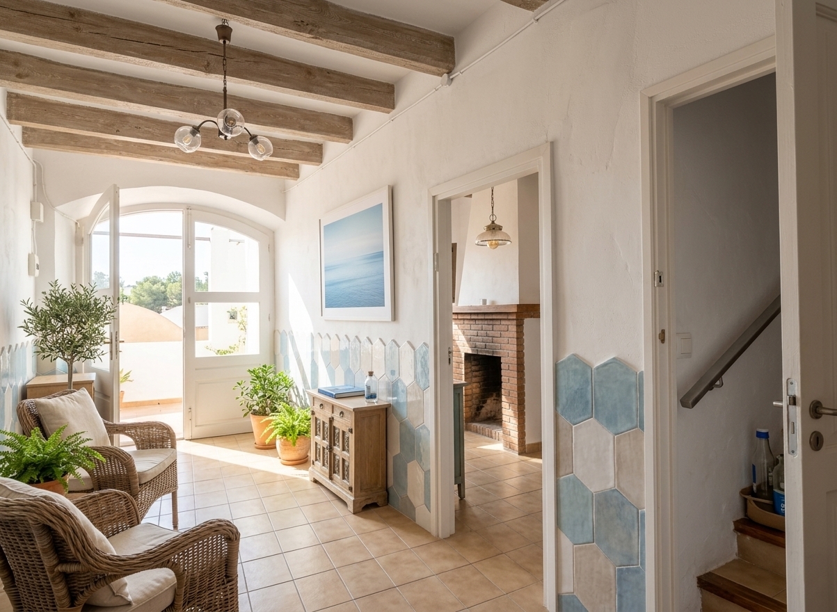 An incredibly lifelike, richly detailed, photorealistic wide-angle interior photograph of a coastal boutique hotel lobby set in a sun-drenched Mediterranean villa. The scene is illuminated by brilliant mid-morning sunlight streaming through grand arched entryways, creating an airy, light, and effortlessly inviting atmosphere. Captured with a 24mm prime lens, emphasizing the organic textures of raw woven wicker, smooth lime-washed white plaster walls, restored driftwood-toned ceiling beams, and warm sandy neutral ceramic floor tiles.

This reimagined space transforms the original rustic hallway into a chic, beachy sanctuary infused with shades of soft ocean blue, crisp white, and gentle beige tones. To the left, the old double doors are replaced with expansive paned glass doors, welcoming a gentle coastal breeze that billows light white linen drapes. The heavy tiled wainscoting is swapped for clean, white plaster walls anchored by a low, light oak console table featuring uncluttered surfaces, a hardcover seascape photography book, and understated nautical decor. Hanging above, a oversized framed piece of seascape wall art showcases soothing blue coastal horizons. A pair of relaxed wicker armchairs with cream linen cushions offers casual seating, accompanied by lush potted plants in terracotta planters that bring fresh greenery into the space. The open, balanced layout creates a seamless transition between functional hotel reception flow and serene coastal lounging, perfectly capturing a sun-kissed, relaxed atmosphere.