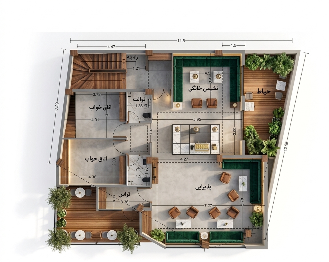 An incredibly lifelike, richly detailed, photorealistic top-down 3D architectural floorplan photograph of a modern fusion coffee shop set in an elegant contemporary urban building. The scene is illuminated by warm concealed strip lighting, industrial pendant lamps, and soft natural sunlight streaming through floor-to-ceiling glass walls, creating an inviting, luxurious, and cozy atmosphere. Captured with a high-resolution tilt-shift lens, emphasizing rich walnut wood grains, matte black metal framing, polished micro-cement floors, and white marble countertops, every functional area seamlessly flows into the next. The main central area features an open barista bar with polished brass espresso machinery and sleek quartz counters. Cozy seating zones are fitted with plush emerald velvet banquettes, low marble coffee tables, and leather lounge chairs, while quiet study nooks line the quieter side rooms. The exterior yard space transitions into a charming outdoor terrace adorned with teak decking, minimalist café tables, and vibrant potted greenery, bringing the layout to life with perfect depth, crisp textures, and spatial realism.