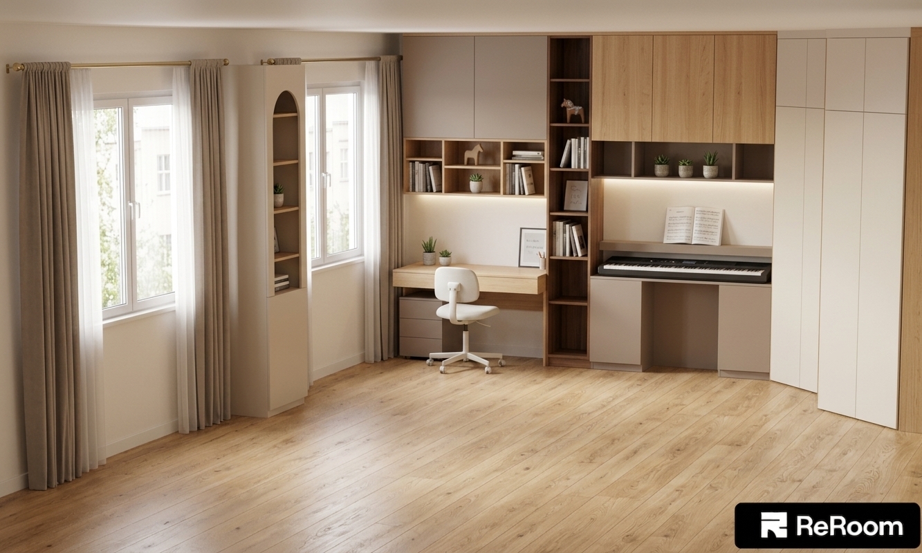 An incredibly lifelike, richly detailed, photorealistic wide-angle interior shot of a minimalist haven and study set in a serene modern apartment environment. The scene is illuminated by soft morning light filtering through delicate sheer tulle hanging alongside tailored taupe drapes, complemented by subtle warm LED under-cabinet glow, creating a calm, warm, and inviting atmosphere. Captured with a 35mm lens, emphasizing smooth matte taupe cabinetry, natural light-oak parquet flooring, and streamlined joinery. The built-in workstation features a sleek desk with an added drawer unit tucked under the left side, while the adjacent synthesizer nook is ultra-streamlined with all lower open shelves and right-side drawers removed for a seamless profile. The central tall bookcase is now completely enclosed with sleek facades in a warm, darker wood tone, matching the accent alcoves. To the far right, the corner trapezoid wardrobe sits fully closed with smooth, handleless light beige doors, neatly framed by an additional matching tall end cabinet fitted along the right wall to complete this immaculate, clutter-free sanctuary.