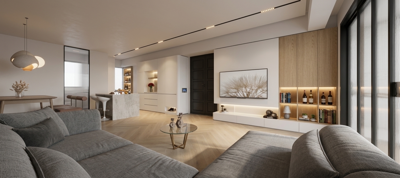 A wide-angle interior architectural photograph captured with a 24mm perspective-control lens, maintaining the exact view, geometry, and composition of the modern open-plan living space. Soft daytime ambient light fills the room, complemented by warm recessed track lights embedded within the linear dark ceiling channel, casting subtle directional pools of light onto the matte light oak herringbone wood flooring. Underneath the floating white TV console and beneath the individual shelves of the light oak display cabinet, hidden linear LED strip lighting emits a cozy, continuous indirect glow, softly washing light down onto the lower surfaces. The sliding glass doors on the far right are framed in sleek matte black metal and feature translucent water-ripple glass that gently diffuses incoming daylight into soft, wavy highlights. The large foreground L-shaped sofa is upholstered in a textured mid-grey woven fabric displaying subtle natural creases and micro-fiber grain. The central dark paneled double doors, light grey marble kitchen island, white cabinetry, and dining area in the background display rich tactile surface textures, soft contact shadows, and realistic light falloff, maintaining a balanced color temperature and authentic photographic warmth throughout the space.