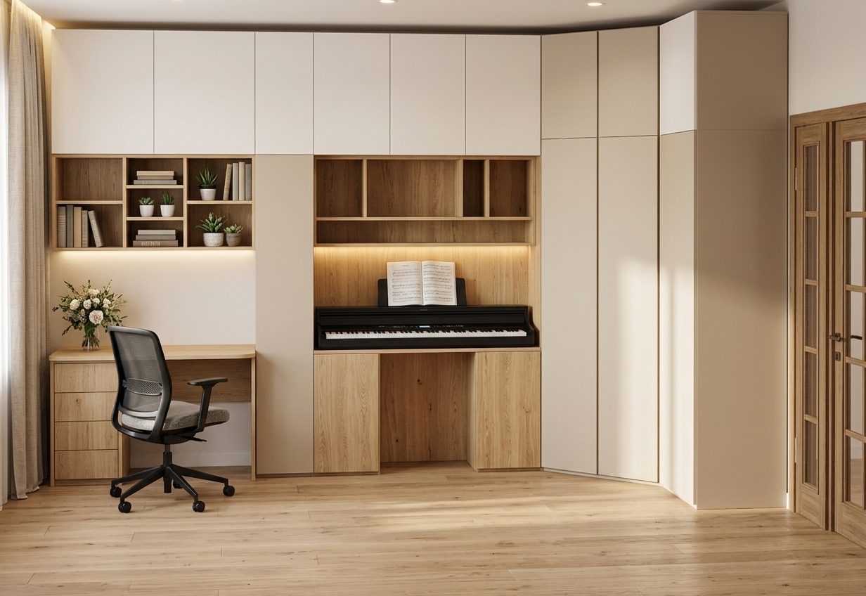 An incredibly lifelike, richly detailed, photorealistic eye-level interior shot of a modern minimalist haven set in a cozy, warm-toned contemporary home studio. The scene is illuminated by warm ambient ceiling light paired with soft, golden LED backlighting beneath the shelves, creating a cozy and inviting atmosphere. Captured with a 35mm architectural lens, emphasizing natural light oak wood grains, smooth matte cream cabinetry surfaces, and vibrant decorative textures. The integrated custom wall unit features matte off-white upper cupboards and a tall corner wardrobe executed entirely in light beige tones, perfectly framing the central warm oak cabinetry. A sleek, modern ergonomic office chair is neatly positioned at the study desk on the left, while the open wooden shelving above is artfully decorated with neatly stacked hardbound books, small potted indoor succulents, and fresh floral accents. In the central nook, a sleek black digital piano displays an open sheet music book, seamlessly harmonizing productivity, musical creativity, and refined minimalist aesthetics.