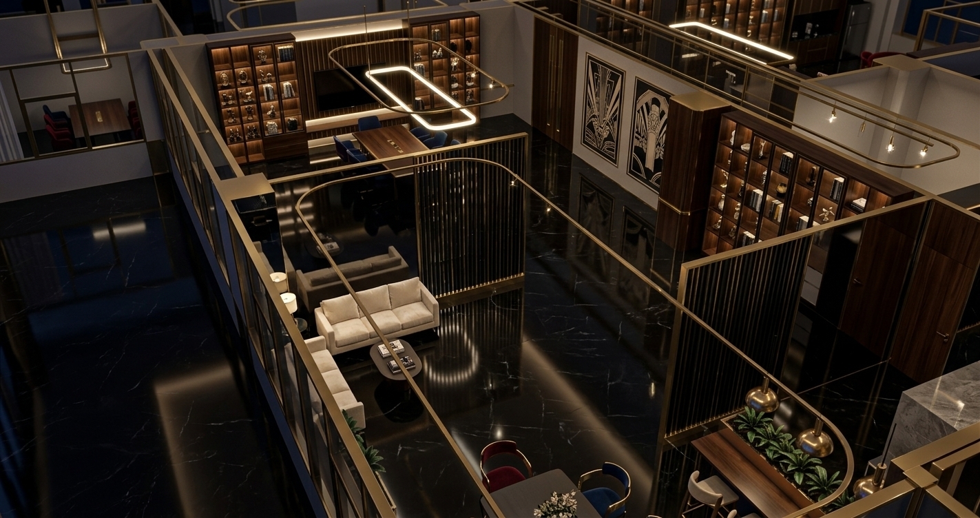 An incredibly lifelike, richly detailed, photorealistic high-angle interior photo of a luxurious Art Deco home office suite set in an executive penthouse at night. The scene is illuminated by moody ambient LED backlight, glowing display cases, and sleek brass pendant lamps, creating a sophisticated and glamorous atmosphere. Captured with a wide-angle tilt-shift lens, emphasizing polished black marble flooring, reflective gold trim, rich dark lacquered cabinetry, and plush jewel-toned upholstery. 

In this expansive layout, a stylish central lounge features a plush cream velvet sofa anchored by an oval coffee table styled with heavy photography books. Elegant slatted black and gold metal partition screens divide the open space, leading back to a grand executive workspace where a wall-mounted screen is flanked by custom illuminated display shelves filled with Art Deco sculptures and curated decor. Graphic wall art makes a bold statement against sleek walls, while integrated planter boxes with deep green indoor plants bring fresh vibrancy to the chic, gilded aesthetic. Subtle reflections shimmer across glossy, mirrored surfaces, while delicate geometric track lights trace the ceiling, perfectly capturing the extravagant, streamlined elegance of the space.