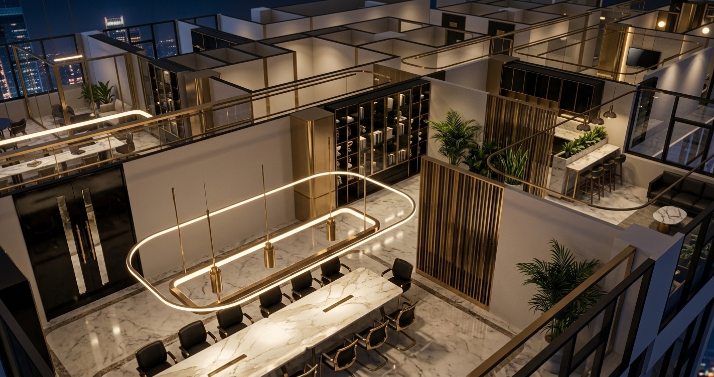 An incredibly lifelike, richly detailed, photorealistic high-angle interior photo of an expansive executive home office floor plan set in a sleek urban high-rise at night. The scene is illuminated by ambient warm LED track lighting and glowing brass architectural fixtures, creating a sophisticated and opulent atmosphere. Captured with a professional 35mm tilt-shift architectural lens, emphasizing polished marble textures, lacquered surfaces, and gleaming gold accents. Designed in a bold Art Deco glamour style, the interior combines shades of midnight black, lustrous champagne gold, and deep jewel-toned accents throughout the open-concept layout. The main conference area displays a polished marble boardroom table beneath a dramatic, suspended geometric halo light fixture. Adjacent lounge and work zones feature slatted metallic partition screens, black lacquered cabinetry display units filled with ornamental decor, coffee table photography books, and high-top bar seating with lush indoor planters, perfectly balancing chic symmetry with extravagant modern design.