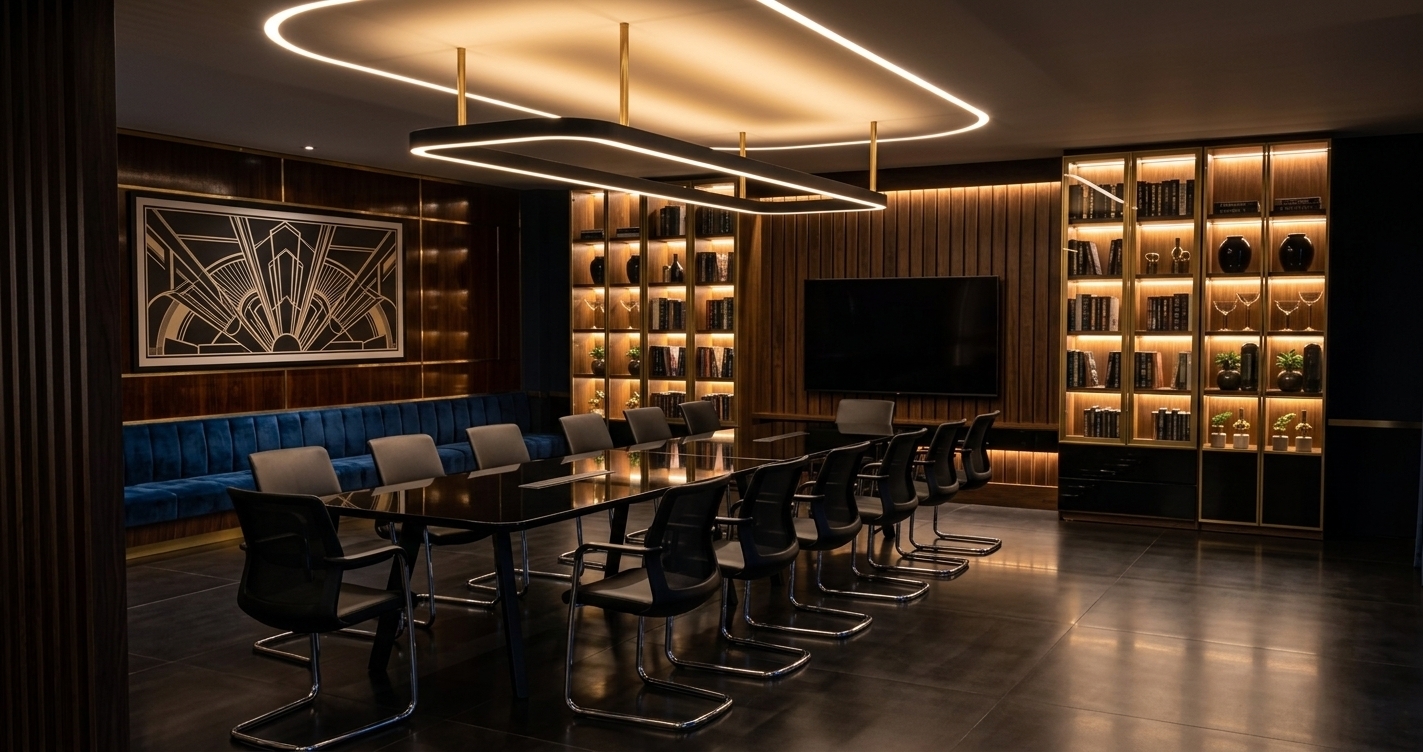 An incredibly lifelike, richly detailed, photorealistic wide-angle interior shot of a luxurious Art Deco home office meeting room set in a sophisticated nighttime setting. The scene is illuminated by warm, concealed ambient backlighting, glowing LED cabinet strips, and the radiant aura of a large oval black-and-brass halo pendant light, creating a bold, glamorous, and moodily intimate atmosphere. Captured with a professional 24mm architectural lens, emphasizing mirror-polished surfaces, rich lacquered dark woods, tactile jewel-toned velvet, and glittering gilded accents.

At the focal center, a sleek, streamlined executive conference table surrounded by black cantilevered leather chairs rests on a dark, polished porcelain floor that softly catches reflections from above. The far wall features vertical timber slatted paneling framing a flush TV screen, flanked by illuminated, brass-trimmed display cabinets brimming with photography books, polished black porcelain vases, and geometric Art Deco sculptures paired with subtle indoor plants. To the left, a deep sapphire-blue velvet banquette sits below a large framed piece of graphic wall art set into warm timber paneling, completing this extravagantly styled, perfectly symmetrical sanctuary of modern luxury.