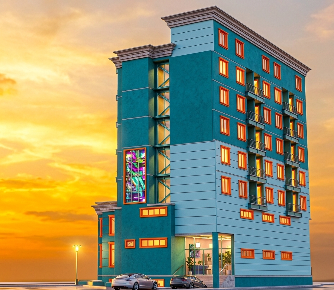 An incredibly lifelike, richly detailed, photorealistic low-angle architectural perspective photo of a multi-story residential building set in a vibrant urban environment during spring. The scene is illuminated by the rich, warm rays of a dramatic golden-hour sunset blended with glowing interior illumination and bright neon reflections, creating a surreal, energetic, and immersive atmosphere. Captured with a professional full-frame camera using a 24mm tilt-shift lens, emphasizing high-gloss metallic surfaces, bright turquoise facade textures, crisp neon-orange window frames, and shimmering glass panels. The building features dynamic teal exterior walls accented by light blue horizontal siding panels and an eye-catching central accent wall displaying digital glitch-art wall art in electrifying neon and metallic shades. Modern balconies with dark railings project rhythmically along the multi-story exterior, crowned with detailed ornamental roof cornices. At the ground level, an illuminated entrance area reveals a glimpse of techno-inspired decor, modular metal and plastic furniture, and thriving indoor plants framed by smooth stone steps. Glossy luxury sedans are parked neatly along the paved street beside a street lamp, capturing a playful, digital techno wonderland curated for a high-end architectural photography book.