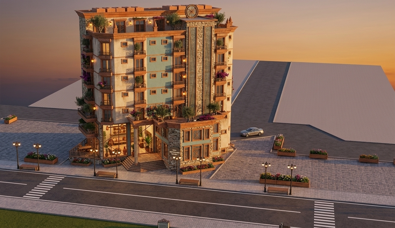 An incredibly lifelike, richly detailed, photorealistic wide-angle exterior shot of a multi-story Mediterranean retreat set in a serene coastal town during late spring. The scene is illuminated by the golden light of a setting sun casting a warm glow and long shadows, creating a relaxed, sun-drenched, and inviting atmosphere. Captured with a 35mm tilt-shift architectural lens, emphasizing aged terracotta finishes, rustic wood accents, and textured stucco surfaces, the building stands gracefully with a vibrant palette of terracotta-framed windows, soft teal-blue paneling, and a rustic stone-clad foundation. Elegant wrought-iron balconies line the upper floors, accented by lush potted plants and warm exterior lighting. Ground-floor glass curtain walls offer a glimpse inside toward an inviting interior filled with rustic wooden furniture, terracotta decorative pieces, and leafy indoor greenery. Outside, the neatly paved walkways are framed by classic wrought-iron lampposts, manicured planter boxes, and crisp crosswalks, perfectly capturing the essence of a luxurious, coastal Mediterranean lifestyle.