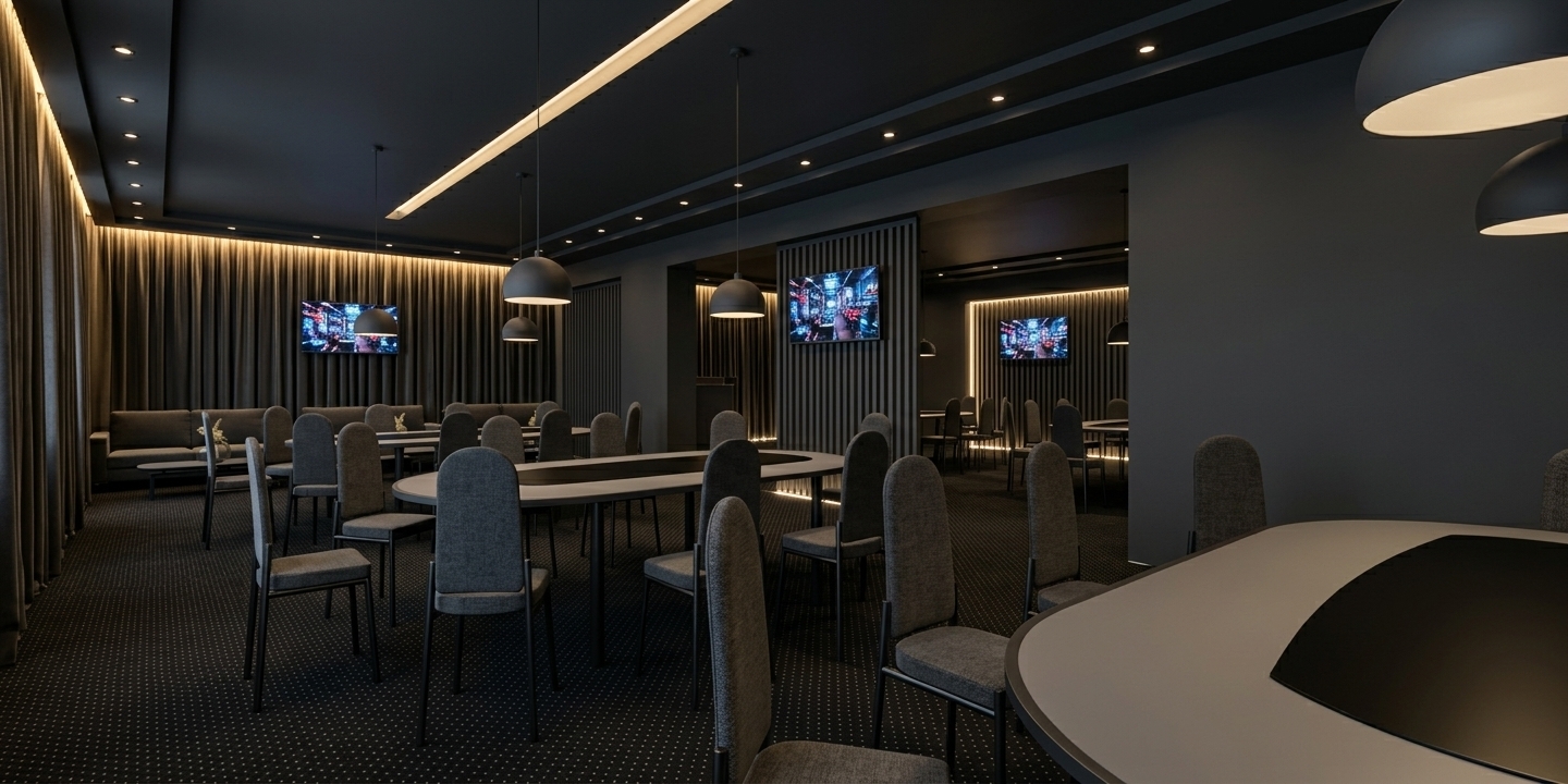 An incredibly lifelike, richly detailed, photorealistic wide-angle interior photo of a sleek, modern coworking lounge set in an upscale urban environment. The scene is illuminated by brilliant cove lighting hidden above deep drapery and soft LED strip lights tracing the base of vertical partitions, paired with focused downlights and dome pendants that keep every workstation brightly and perfectly lit, creating a sophisticated, contemporary elegance atmosphere. Captured with a 24mm tilt-shift architectural lens, emphasizing the rich contrast between matte anthracite surfaces, subtle ambient glows, and refined textile textures. The walls and multi-level tray ceiling are coated in a deep, elegant anthracite finish, harmonizing with full-height anthracite curtains that glow dramatically from concealed top coves. Covering the floor, a premium black carpet sprinkled with tiny white dots adds texture beneath arrayed seating clusters. Smooth gray table surfaces feature bold black center inserts, complemented by streamlined chairs framed with slim black metal legs and upholstered in dark gray fabric. Vertical slat room dividers in matching anthracite divide the open layout while casting soft floor-level accent light, and mounted wall screens showcase vibrant, crisp visuals of a high-tech gaming hall, adding a dynamic dash of energy to the moody, luxury monochrome interior.