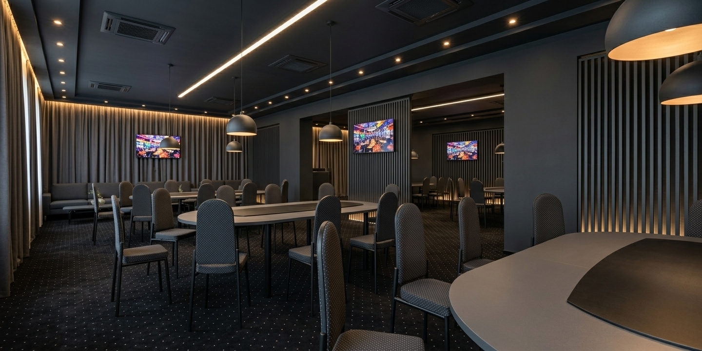 An incredibly lifelike, richly detailed, photorealistic wide-angle interior shot of an expansive meeting room set in an upscale contemporary venue. The scene is illuminated by bright, warm lighting from embedded ceiling lights and large dome pendant lamps directly above the tables, creating a sophisticated, welcoming atmosphere. Captured with a full-frame architectural lens, emphasizing sleek textures, refined surfaces, and dramatic spatial depth, the space features deep anthracite walls and a multi-level anthracite ceiling neatly integrated with modern supply-and-exhaust ventilation grilles. The plush flooring consists of a rich black carpet subtly speckled with tiny white dots, adding texture beneath the furniture. Elegant anthracite slatted partition screens stand as stylish space dividers, softly glowing from subtle bottom accent strip lighting. Sweeping anthracite curtains drape gracefully down the far wall, cast in a warm glow by concealed ceiling cornice backlighting. Long, smooth gray dining and conference tables feature contrasting matte black central inserts along their tabletops, surrounded by high-backed chairs with sleek black legs and dark gray fabric upholstery detailed with a fine dot pattern. Wall-mounted flat-screen televisions throughout the room display vibrant, colorful imagery of an energetic gaming hall floor, contrasting beautifully with the serene, dark-toned interior in a stunning display of contemporary elegance.