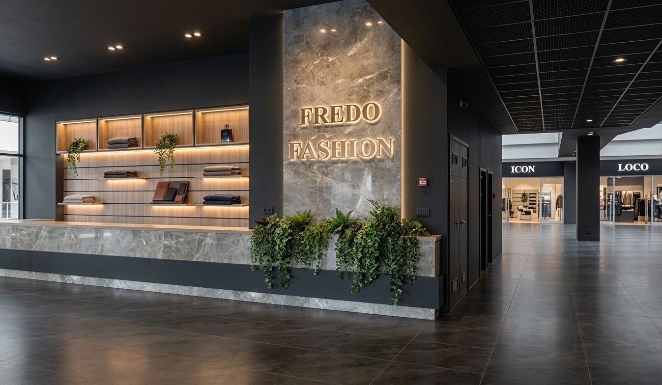 A professionally captured, wide-angle architectural photograph of a high-end luxury retail store interior, precisely retaining the exact geometry, composition, camera angle, and material choices of the scene. The central dark charcoal walls and polished grey marble feature panel frame the warm bronze "FREDO FASHION" lettering, which glows with soft, refined backlighting that casts an ambient halo onto the natural marble veining. Elegant minimalist pendant lights suspend gracefully from the dark ceiling grid, casting warm, focused downlight onto the polished marble reception counter. Inside the wood-slatted background niche behind the desk, integrated soft LED lighting gently illuminates meticulously organized displays of premium leather belts, neatly stacked boxed underwear, and fine folded garments on subtle rails and shelves. Organic green trailing ivy and small potted plants rest naturally along the ledges, displaying detailed leaf micro-textures and natural sheen. The dark tiled floor exhibits soft, realistic polished reflections with micro-scuffs, subtle sheen variations, natural contact shadows, faint lens bloom from the light fixtures, and gentle film grain, creating an atmospheric, ultra-photorealistic retail environment.