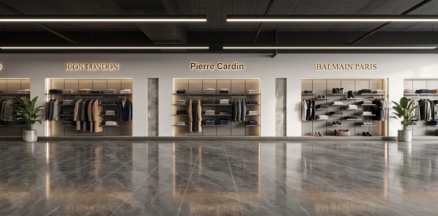 A professional wide-angle architectural photograph of a high-end luxury retail store display, strictly preserving the exact straight-on perspective, floor plan, dark industrial ceiling, and material tones of the original scene. Bright, modern linear pendant lights suspended from the dark ceiling cast a crisp downlight that brings a subtle sheen to the dark polished marble floor tiles with their realistic white veining and glossy reflections. Warm integrated LED backlighting brightly illuminates each metallic logo text above the bays, making "ICON LONDON", "Pierre Cardin", and "BALMAIN PARIS" pop with a refined halo glow. Inside each dark display niche, hidden soft accent lighting beautifully showcases high-end designer apparel, filling the shelves with neatly folded luxury knitwear, folded shirts, and accessories, while sleek hanging rails are filled with impeccably arranged tailored suits, coats, and garments on metallic hangers. A few sleek, minimalist potted green plants sit elegantly on the dark marble floor next to the polished marble columns, introducing realistic foliage textures and subtle color contrast. Captured with a full-frame camera using a 24mm tilt-shift lens, the image displays rich dynamic range, fine fabric textures, subtle surface imperfections, authentic polished stone sheen, and gentle natural lens vignetting at the edges.