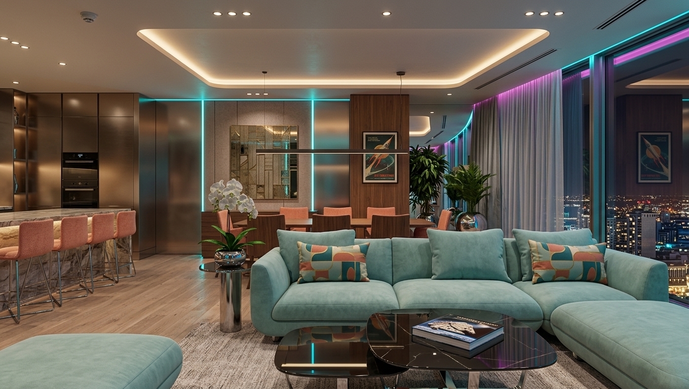 An incredibly lifelike, richly detailed, photorealistic wide-angle interior photograph of a retro-futuristic penthouse living room set in an exclusive high-rise overlooking a glittering nocturnal metropolis. The scene is illuminated by subtle architectural cove lighting combined with vibrant neon cyan and magenta accent glow strips, creating a nostalgic, cinematic, and space-age atmosphere. Captured with a 24mm prime lens, emphasizing polished metallic paneling, smooth molded fiberglass curves, plush textured upholstery, and glossy reflective surfaces. Reimagined with a bold mid-century sci-fi aesthetic, the spacious open layout features low-profile curved modular seating in soft pastel teal and coral tones, anchored by a sculpted chrome and dark smoked-glass coffee table displaying a glossy coffee-table photography book. Framed vintage sci-fi poster art adorns the warm walnut-paneled walls, introducing bold geometric panache, while the streamlined kitchen behind boasts brushed bronze surfaces and sleek, integrated appliances. Architectural indoor plants in chrome spherical planters stand near panoramic, floor-to-ceiling glass windows, catching the vivid reflections of the neon-lit city lights outside to harmonize the nostalgic retro-futuristic decor with the modern urban horizon.