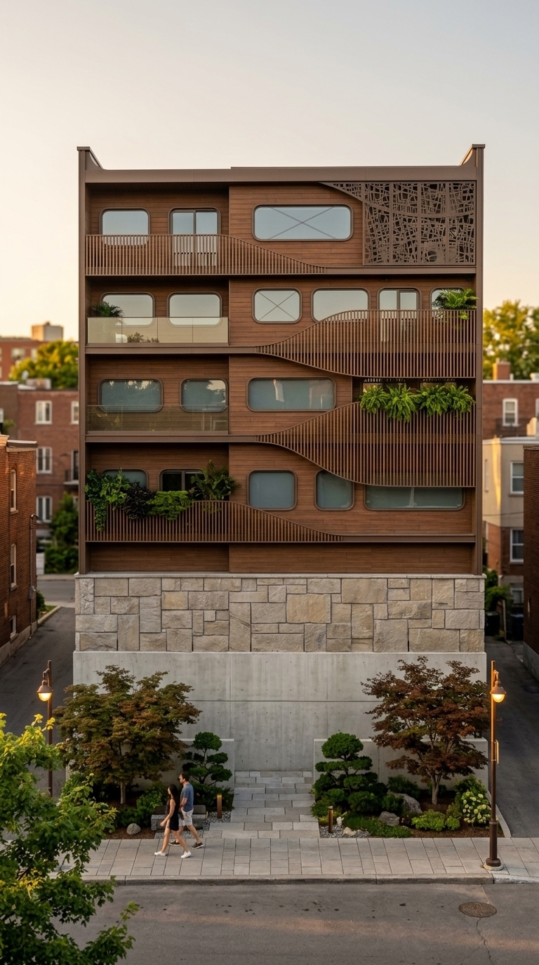 An incredibly lifelike, richly detailed, photorealistic wide-angle architectural photograph of a modern residential building featuring Japanese Zen minimalist aesthetics set in a serene urban neighborhood during a warm summer evening. The scene is illuminated by the low, warm golden light of a setting sun, creating a tranquil and sophisticated atmosphere. Captured with a professional tilt-shift lens on a full-frame camera, emphasizing the rich textures of rich brown wooden wall tiles, matte brown metal accents, and sleek, gray-tinted glass windows. The building's facade demonstrates subtle architectural depth, with deep, cantilevered balconies extending outward beyond the flush glass windows, casting long, elegant shadows. Lush, dark green plants and potted ferns overflow from the balcony ledges, enhancing the organic Zen atmosphere. At street level, a few manicured Japanese maple trees border a clean stone pathway where a couple of pedestrians stroll casually, adding a natural sense of human scale to this peaceful summer sunset scene.