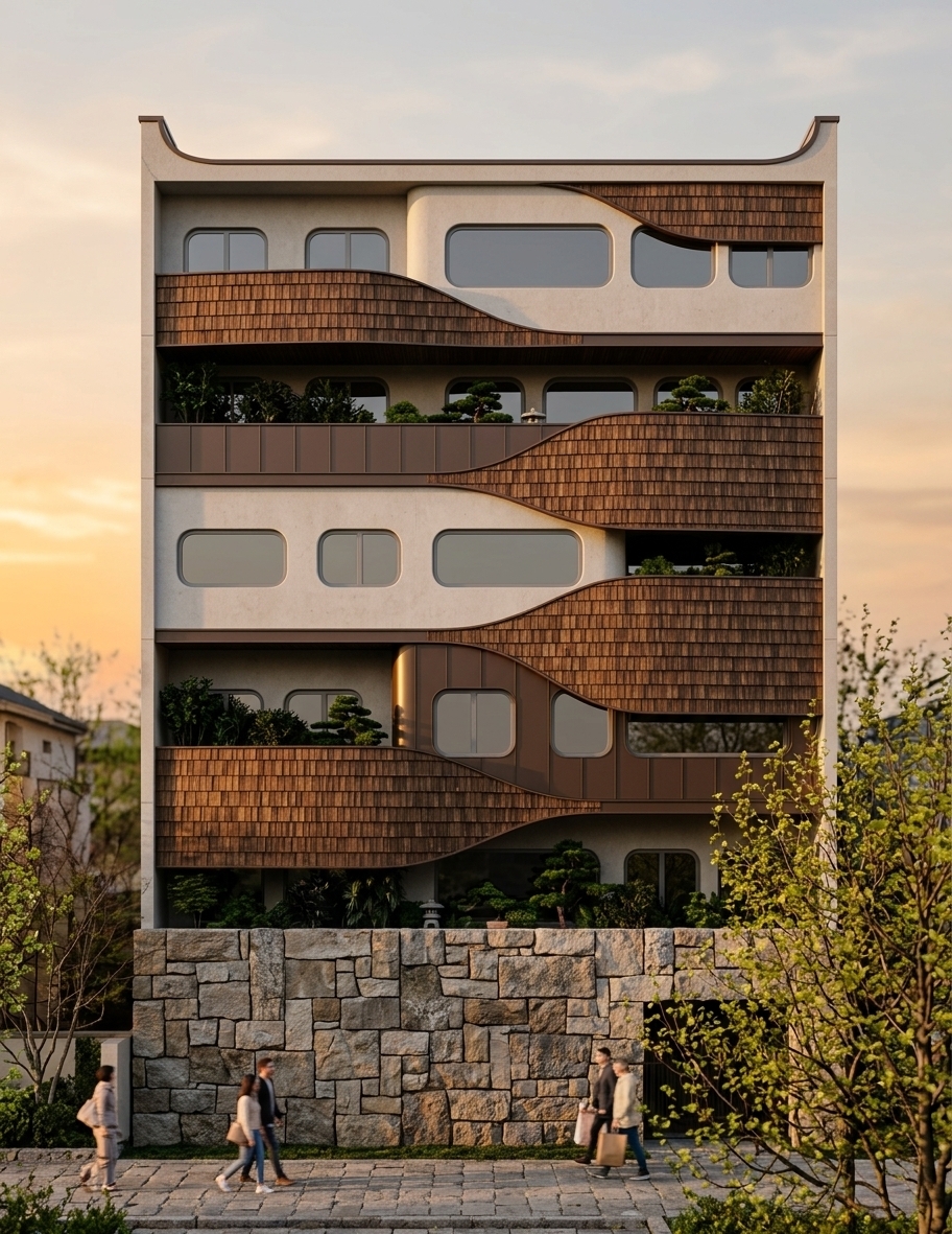 An incredibly lifelike, richly detailed, photorealistic medium exterior architectural shot of a Japanese Zen-inspired residential building set in a serene neighborhood amidst lush spring trees. The scene is illuminated by the warm, golden glow of a low sunset, creating a tranquil and harmonious atmosphere. Captured with a sharp architectural tilt-shift lens, emphasizing the rich grain of the brown wooden tiles, sleek dark brown metal paneling, and smooth gray-tinted glass windows. Deeply recessed balconies are filled with lush, dark green potted plants, creating a dramatic sense of architectural depth and shadow contrasted against the flush facade windows. At the base, pedestrians stroll comfortably along a stone pathway surrounded by vibrant spring greenery, beautifully grounding the balanced, minimalist design in a realistic setting.