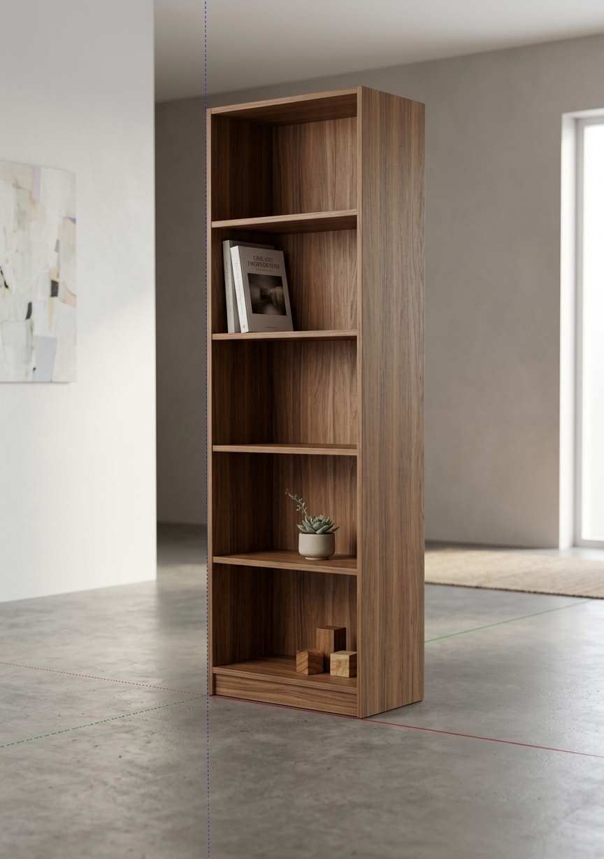 An incredibly lifelike, richly detailed, photorealistic interior photo of a tall modern wooden bookcase set in a serene mudroom designed as a minimalist haven. The scene is illuminated by soft, diffused natural morning light, creating a serene, zen-inspired atmosphere. Captured with a 50mm f/2.8 lens, emphasizing the rich grain of the warm wood veneer alongside sleek, streamlined geometric lines. Carefully arranged on the clutter-free shelves are minimal decor items, including a thick fine-art photography book, a delicate indoor plant in a ceramic pot, and subtle decorative accents. The surrounding monochromatic backdrop features plaster walls in gentle shades of white and gray, complemented by a muted abstract wall art piece with subtle pastel accents and sleek metal and wooden furniture, creating an elegant, functional, and perfectly uncluttered space.