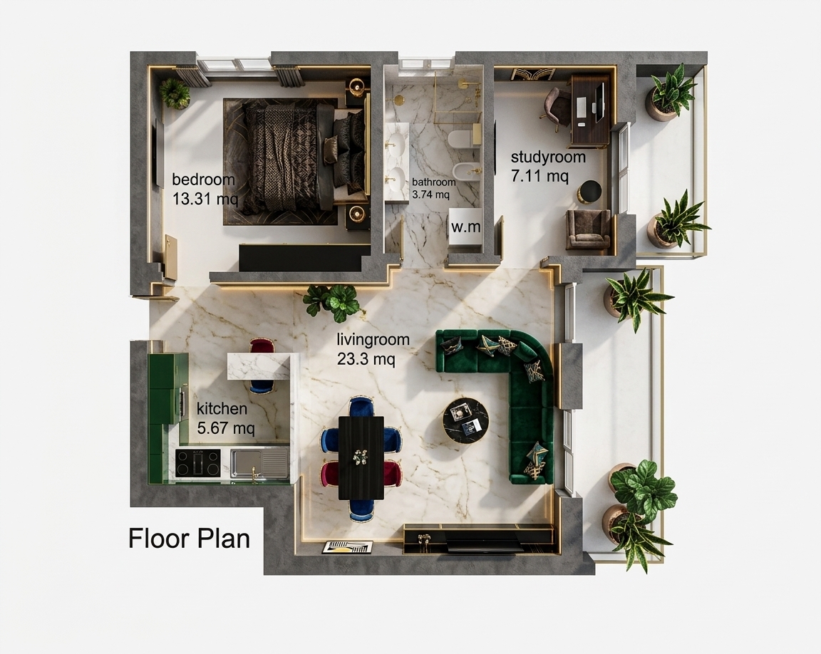 An incredibly lifelike, richly detailed, photorealistic top-down architectural shot of a modern, open-concept apartment layout with a spacious living room set in an opulent high-rise penthouse. The scene is illuminated by soft, natural daylight streaming through large windows combined with warm golden ambient light, creating a sophisticated and glamorous atmosphere. Captured with a high-resolution full-frame camera and a wide-angle lens, emphasizing polished surfaces, gilded metallic trims, and rich tactile textures. 

The living room radiates Art Deco glamour, dressed in a striking palette of deep black, gleaming gold, and vibrant jewel tones like emerald green and sapphire blue. A plush, curved L-shaped sectional sofa adorned with geometric accent pillows frames a sleek round coffee table displaying stacked photography books. Symmetrical, mirrored and black lacquered furniture items glisten under the light, complementing an elegant dining set with streamlined gold-accented chairs. Bold graphic wall art and ornamental gold fixtures decorate the walls, while vibrant potted indoor plants along the balcony add fresh green contrast to the polished marble flooring and luxurious, gilded interior decor.