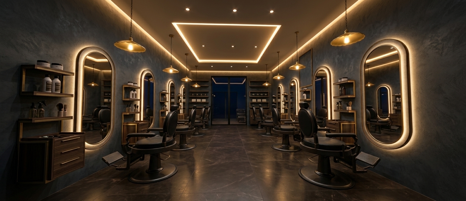 An incredibly lifelike, richly detailed, photorealistic wide-angle interior photo of an exclusive modern barbershop set in a high-end industrial loft at night. The scene is illuminated by layered warm LED lighting, including perimeter and central soffit LED strips, recessed ceiling downlights, and soft golden pendant lamps hanging along the aisle, creating a warm, cozy, and sophisticated atmosphere. Captured with a professional full-frame architectural camera and a 24mm wide-angle lens, emphasizing the deep matte dark brown marble flooring, backlit pill-shaped mirrors, and dark textured plaster walls.

Outside the glass doors at the far end of the room, the night sky creates a dramatic dark backdrop that enhances the intimate glow inside. The dark slate-grey walls feature a subtle venetian plaster finish, contrasting elegantly with the brass-rimmed, backlit oval mirrors that cast a soft halo glow onto the walls and offer realistic reflections of the space. Symmetrically arranged along both sides, plush matte black leather barber chairs with dark metallic bases sit atop the matte dark brown marble floor, which subtly catches the warm downlighting in soft, diffuse highlights. Modern dark wood cabinetry with brass accents and organized grooming shelf displays complete this sleek, welcoming, and high-end sanctuary.