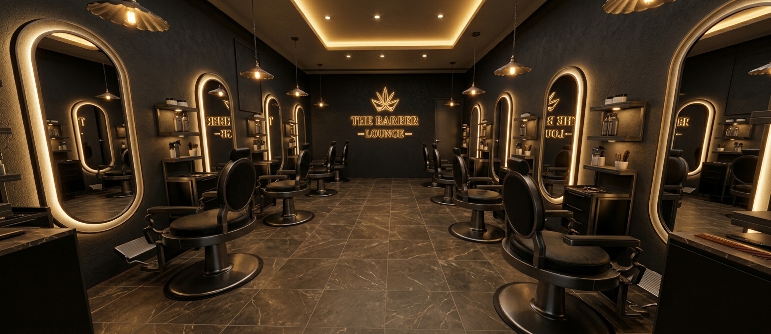 An incredibly lifelike, richly detailed, photorealistic wide-angle interior photo of a high-end luxury barbershop lounge set in an industrial loft setting at night. The scene is illuminated by warm LED perimeter strip lighting along the recessed ceiling soffits, ambient downlights, and vintage pendant fixtures casting a cozy golden glow, creating a warm, comforting, and sophisticated atmosphere. Captured with a 24mm architectural tilt-shift lens, emphasizing the matte dark brown marble flooring with subtle organic veining, backlit arched vanity mirrors, and glowing golden metallic lettering of "THE BARBER LOUNGE" on the far wall. Plush black leather barber chairs with brushed dark chrome accents align perfectly in two symmetrical rows, reflecting the soft halo backlighting from the tall arched mirrors against the dark charcoal textured walls.