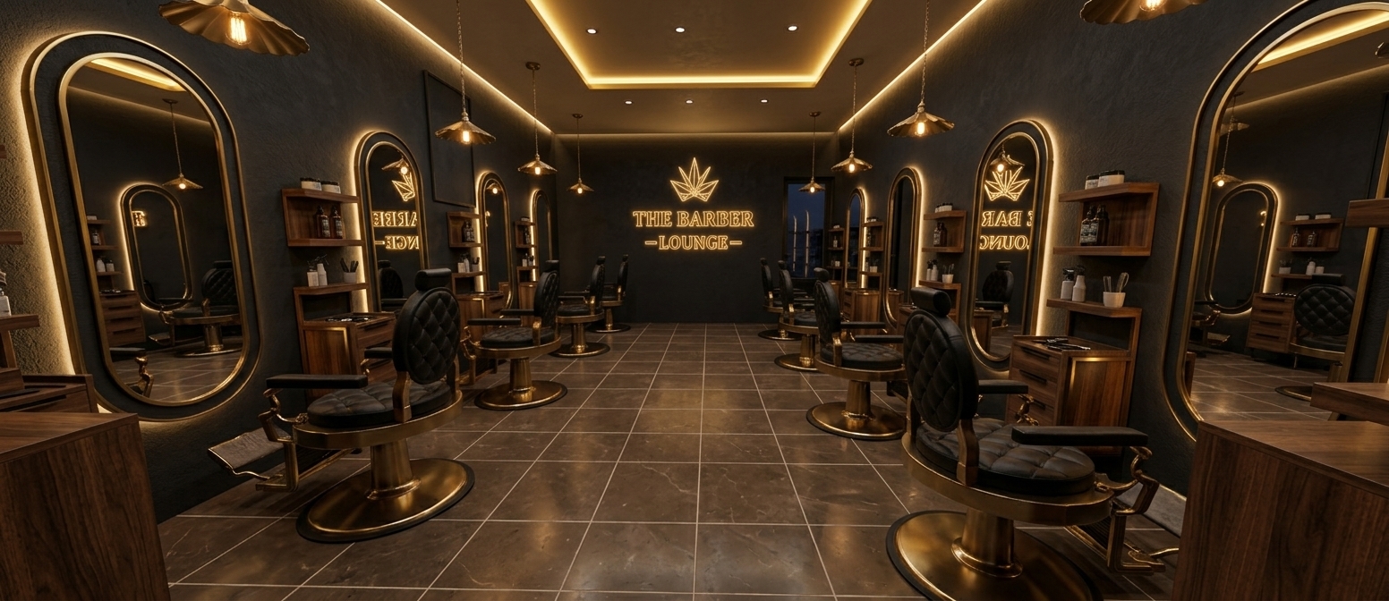 An incredibly lifelike, richly detailed, photorealistic wide-angle interior photo of an exclusive gentlemen's barbershop set in a high-end industrial loft environment at night. The scene is illuminated by a sophisticated system of warm golden LED light strips recessed into the ceiling edges and central tray, soft indirect backlighting behind the arched brass mirrors, hanging brass pendant lights, and halo-lit golden signage, creating a warm, cozy, and luxurious atmosphere. Captured with a 24mm architectural lens, emphasizing the matte dark brown marble tile flooring, deep charcoal plaster wall textures, and supple black leather hydraulic barber chairs lined up symmetrically. Each grooming station is framed by a glowing, backlit oval mirror casting rich reflections across the polished surfaces, while the back focal wall displays the illuminated golden lettering "THE BARBER LOUNGE" glowing softly in the dark ambient night.