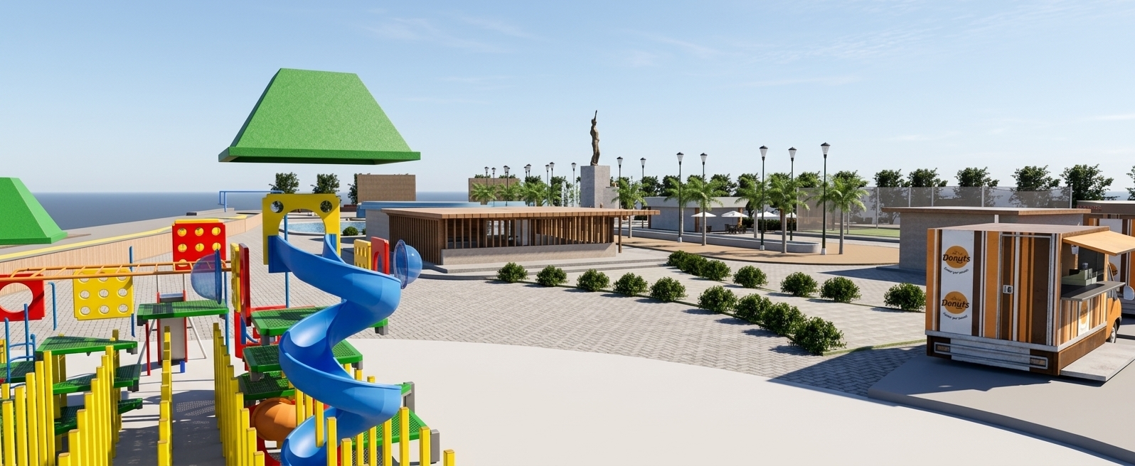 A bright, wide-angle architectural photograph taken on a clear summer midday, capturing the exact composition and geometry of this vibrant outdoor park scene under strong high-noon sunlight that casts sharp, crisp shadows directly beneath every structure. The atmospheric lighting is clean and intense with a natural daylight color temperature, filling the sky with a realistic pale blue gradient and subtle summer atmosphere. In the foreground, the playground equipment features sun-drenched, smooth molded plastic on the blue spiral slide with soft specular highlights, alongside powder-coated glossy yellow and red metal frames showing subtle micro-textures and realistic surface finishes. To the right, the food truck exhibits a glossy painted metal finish with realistic material reflections, clean panel seams, and an inviting awning. The central modern pavilion reveals authentic grain on its warm timber slats, while the dark asphalt, stone paving, neat green bushes, slender palm trees, light posts, and background fountain statue are rendered with tactile, lifelike surface details. Captured with a deep depth of field, sharp edge-to-edge focus, gentle lens vignetting, and natural optical clarity.