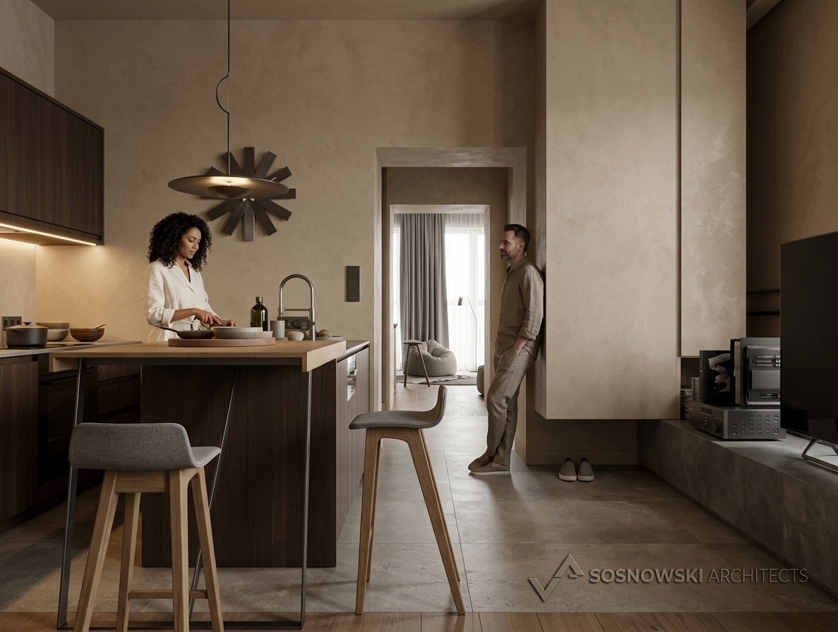An incredibly lifelike, richly detailed, photorealistic medium eye-level interior architectural shot of a serene, modern Boho Japandi kitchen set in a luxurious contemporary residence. The scene is illuminated by soft, diffused summer midday sunlight filtering through adjacent openings, harmoniously blended with warm 2700K integrated LED under-cabinet illumination and a low-slung circular disc pendant, creating an intimate, dark-luxury, moodily elegant atmosphere. Captured with a 35mm full-frame architectural prime lens, emphasizing the tactile, hand-applied sandy-beige mineral plaster surfaces, rich natural oak wood grain, and sophisticated deep warm dark-brown cabinet fronts with an extremely subtle, almost imperceptible natural wood structure.

In the center of the frame, a sophisticated adult couple naturally inhabits the space: a 35-year-old woman with dark curly hair wearing a relaxed ivory linen blouse is casually preparing food at the kitchen counter, while a 42-year-old man in a taupe linen shirt leans comfortably against the natural oak breakfast bar, seated on a minimalist wooden bar stool as they exchange a quiet, unscripted moment. The kitchen features a seamless, monochromatic envelope of creamy-sand plaster across the walls and ceiling, grounding the clean-lined cabinetry and textured stone island base. Atop the island, a raised natural oak dining ledge rests on sleek dark metal legs, accompanied by refined grey-upholstered bar stools. A contemporary metal faucet and muted prep accessories rest neatly near the basin, while a sculptural starburst wall clock adds an understated focal point above. Through the tall central doorway, soft light spills from a tranquil adjacent lounge adorned with floor-to-ceiling grey drapes and a casual beanbag chair. The floor seamlessly transitions from large-format greige stone tiles into warm timber planks, capturing realistic contact shadows, precise material reflections, and an authentic Japanese Zen atmosphere.
