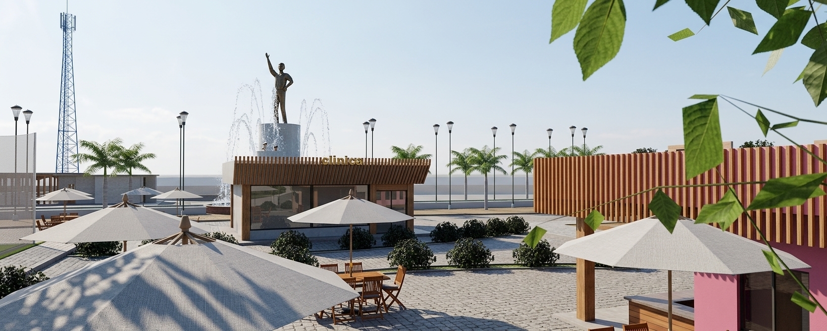 A high-resolution photograph of the outdoor plaza captured during a bright spring midday, illuminated by direct overhead sunlight beneath a vibrant sky with a soft atmospheric haze. The scene perfectly preserves the exact composition, structure, and camera perspective of the reference image, transformed into a photorealistic environment. Sharp, clean shadows fall directly beneath the large light-grey canvas patio umbrellas, revealing fine woven fabric textures and light passing subtly through the material. The wooden slatted pavilions and matching outdoor chairs show rich, natural grain, subtle weathering, and warm satin finishes. In the background, the fountain sprays crisp, glistening streams of water with dynamic droplets and mist illuminated by the sun, cascading into a wet stone basin that supports a bronze statue with natural metal patina and specular highlights. Lush palm trees and green hedges exhibit realistic foliage with subtle leaf translucency, while the paved ground features detailed stone paver textures and seams. Captured on a wide-angle architectural lens with high dynamic range, crisp depth of field, neutral spring color balance, and subtle natural lens vignetting.