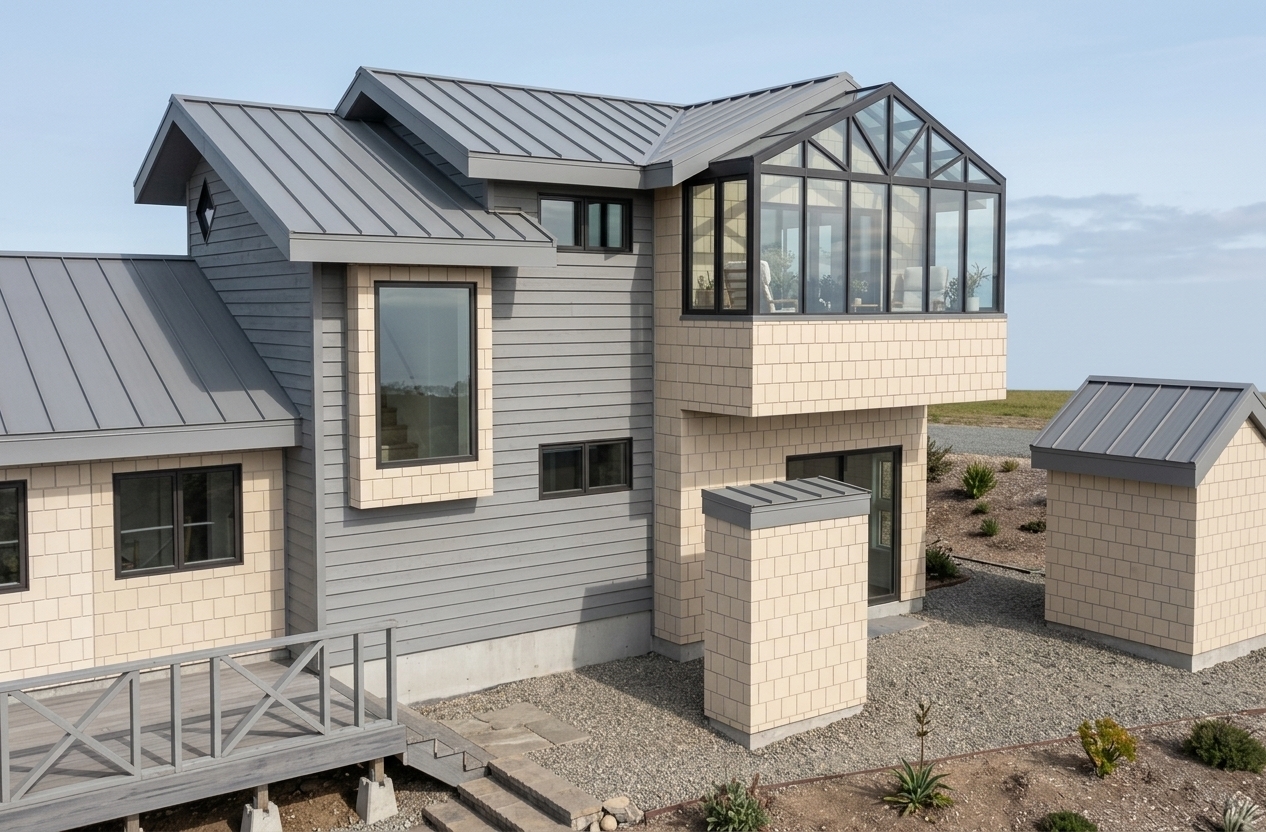 A crisp architectural exterior photograph of this modern multi-level residential home on a bright, clear spring morning, precisely retaining the structure, geometry, layout, camera angle, and perspective of the original image. The facade combines light gray horizontal lap siding with a subtle matte finish and fine grain detail alongside pale tan tile cladding featuring soft surface texture and realistic mortar lines. Black metal frames encompass the windows and upper solarium, fitted with real glass that shows faint reflections of the pale blue spring sky and faint passing clouds. Bright, natural spring sunlight streams from the upper right, casting believable soft-edged shadows across the siding and concrete foundation, highlighting the architectural depth. The corrugated roof material displays a soft matte metallic sheen, while the wooden deck railing in the foreground showcases painted timber textures with subtle real-world wear. The scene is captured using a professional full-frame architectural camera with a 35mm lens, presenting sharp focus across all structures, high dynamic range in both bright highlights and open shadows, subtle sensor grain, and an inviting springtime ambient light.