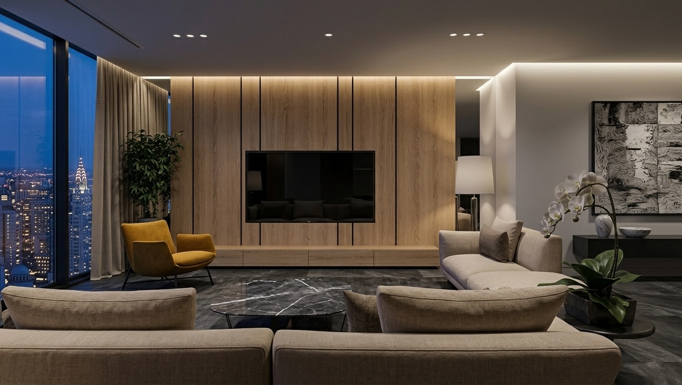 An incredibly lifelike, richly detailed, photorealistic wide-angle interior photograph of a modern living room set in a luxury high-rise penthouse high above a sprawling urban metropolis at night. The scene is illuminated by soft perimeter ceiling LED cove lights and low-key accent spotlights, creating a moody, sophisticated, and sleek atmosphere. Captured with a 24mm architectural lens, emphasizing the tactile grain of the vertical oak wood paneled wall, smooth marble surfaces, and crisp reflections on glass...

In the center of the composition, a large flat-screen display sits flush against a feature wall crafted from floor-to-ceiling light wood panels with precise vertical black reveal joints. To the left, a contemporary mustard-yellow armchair stands out as a striking accent beside sweeping, floor-to-ceiling glass windows that look out over an endless city skyline veiled in evening twilight. Softly cushioned beige sectional seating surrounds a dark, organic-shaped marble coffee table with fine white veining, balancing low-profile luxury with high-tech urban refinement. To the right, warm architectural lighting grazes a textured abstract painting and a delicate white orchid, while smooth, dark gray and black surfaces throughout the space anchor the room's high-end, contemporary aesthetic.