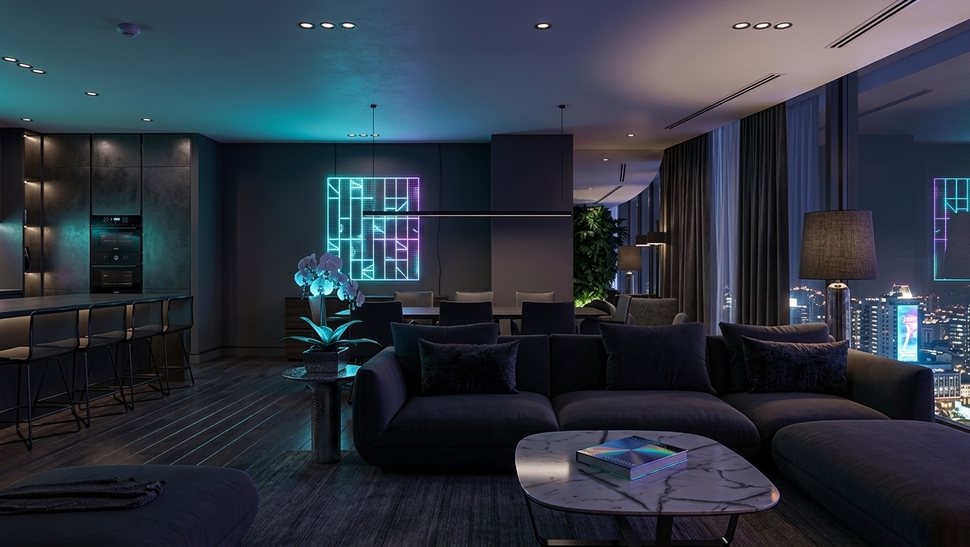 An incredibly lifelike, richly detailed, photorealistic wide-angle interior view of a futuristic neon-noir luxury living room set in a sprawling high-tech megacity penthouse at night. The scene is illuminated by moody ambient neon glows in electric cyan, deep purple, and subtle warm accents, creating a dark, sleek, and cybernetic atmosphere. Captured with a 24mm architectural lens, emphasizing smooth matte black surfaces, smoked glass, brushed metal textures, and glowing digital displays...

In the foreground, a spacious curved sectional sofa upholstered in deep charcoal fabric is arranged around a dark marble coffee table displaying a glossy photography book. Expansive, floor-to-ceiling panoramic windows showcase a shimmering urban skyline glistening with distant city lights, reflecting brilliant neon streaks onto polished dark wood flooring and minimalist glass furniture. To the left, a dark-toned kitchen island with industrial barstools anchors the open-plan layout, while a glowing holographic wall art installation replaces traditional decor above a dark wood sideboard in the background. Subtle accent lighting beneath built-in cabinetry highlights lush, moody indoor foliage, completing this sophisticated, high-tech urban sanctuary.