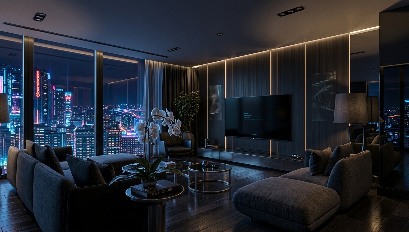 An incredibly lifelike, richly detailed, photorealistic wide-angle interior photograph of a luxurious neon noir living room set in a high-rise penthouse overlooking a sprawling cybernetic metropolis at night. The scene is illuminated by vibrant neon cityscape reflections, hidden warm linear LEDs, and deep moody shadows, creating a futuristic, sleek, and atmospheric mood. Captured with a 24mm architectural lens, emphasizing dark matte surfaces, brushed metal furniture frames, tinted glass, and delicate glowing accents, the space seamlessly merges modern high-tech elegance with industrial cyberpunk aesthetics. 

The main focal wall features dark charcoal vertical wood paneling backlit with ambient neon trim and subtle holographic wall art, housing a flush-mounted screen. Low-profile modular seating upholstered in shades of deep gray and black centers the room around minimalist metal and glass coffee tables adorned with a photography book. Through the dramatic floor-to-ceiling panoramic windows, an expansive urban grid glows under a dark night sky. Lush indoor plants tucked in subtle corners catch electric highlights, completing this sleek, urban living space.