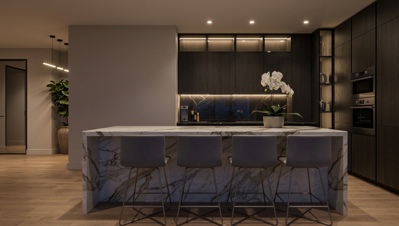 An incredibly lifelike, richly detailed, photorealistic wide-angle interior shot of a sleek modern kitchen set in a high-tech urban apartment at night. The scene is illuminated by warm, concealed LED strip lights under upper cabinetry and recessed ceiling spotlights, creating a moody, neon noir atmosphere. Captured with a 35mm architectural lens, emphasizing the intricate veining of the marble waterfall island, fine wood grain textures, and smooth matte finishes. Centered in the frame, a prominent Calacatta marble island with dramatically veined edges is paired with four minimalist barstools featuring tailored grey upholstery and geometric brushed metal bases. Behind it, dark textured wood cabinetry and integrated stainless steel ovens offer a futuristic, industrial aesthetic, complimented by an illuminated display shelf. The clean lines of light oak wood flooring sweep across the foreground, while a potted indoor plant in the adjacent corridor and a delicate white orchid on the countertop lend a balanced, organic touch to this dark, sophisticated cybernetic space.