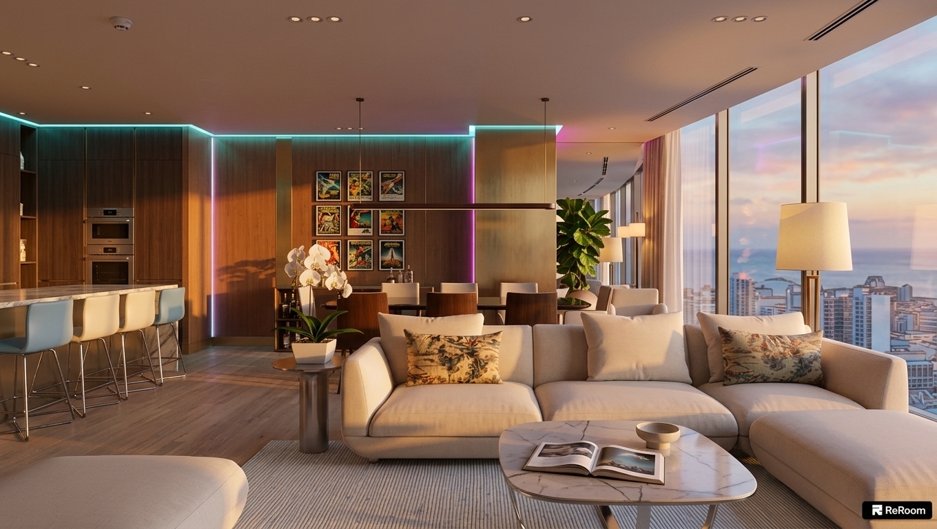 An incredibly lifelike, richly detailed, photorealistic wide-angle shot of a retro-futuristic living room set in a high-rise luxury penthouse interior. The scene is illuminated by the deep golden-orange glow of a dramatic coastal sunset interwoven with subtle cyan and magenta neon ambient backlighting, creating a nostalgic, space-age, and innovative atmosphere. Captured with a professional 35mm architectural lens, emphasizing sleek polished chrome accents, glossy lacquered surfaces, and soft pastel upholstery. The open-plan layout features an organic-curved sectional sofa upholstered in soft cream and powder-blue fabrics, arranged around a low-profile metallic coffee table featuring an open vintage sci-fi photography book. On the warm timber-and-brushed-brass back wall, vibrant framed vintage sci-fi poster wall art creates a dynamic focal point above streamlined, mid-century inspired furnishings. Plush indoor plants with broad, glossy leaves catch the dual warm sunlight and cool neon highlights, while floor-to-ceiling windows offer uninterrupted, dreamy views of the ocean horizon under a dusk sky, perfectly harmonizing retro-futuristic charm with high-end architectural elegance.