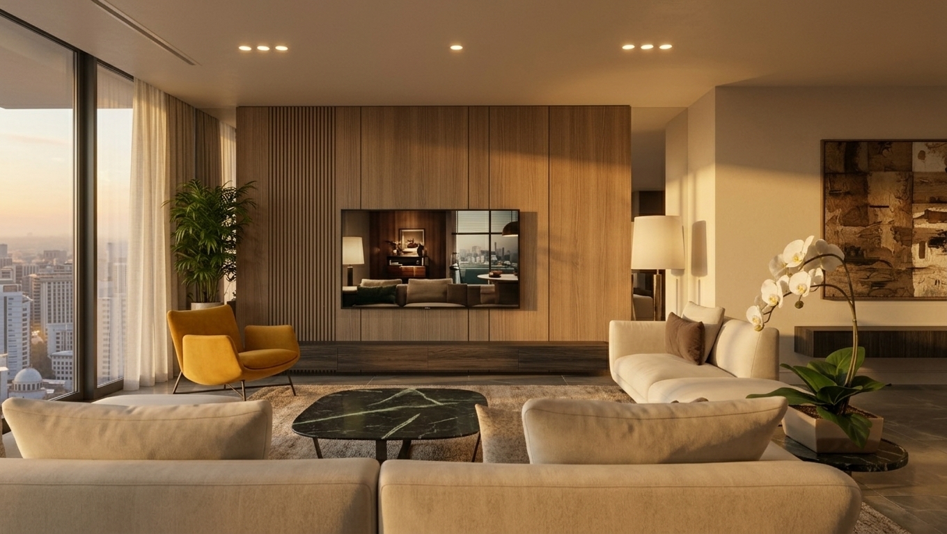 An incredibly lifelike, richly detailed, photorealistic wide-angle interior photo of a sleek retro-futuristic living room set in a luxury high-rise penthouse overlooking a sprawling urban landscape. The scene is illuminated by the warm, golden glow of sunset filtering through floor-to-ceiling windows and gentle ambient recessed LED ceiling lights, creating a serene, space-age, and nostalgic atmosphere. Captured with a 35mm architectural lens, emphasizing the fine vertical wood grain panelling, plush cream sectional upholstery, and polished metallic and stone surfaces. 

In the center, a low-slung, dark marble coffee table rests on a soft neutral area rug, flanked by mid-century inspired seating including a vibrant mustard-yellow accent chair. A lush indoor palm plant nestled near the window and a delicate potted white orchid add vibrant natural textures. To the right, rich abstract wall art hangs above a dark floating console, balancing the sleek, flush-mounted television on the featured oak panel wall. In the background, the hazy city skyline stretches into the dusk, highlighting the seamless interaction between modern luxury, vintage sci-fi elegance, and refined interior design.