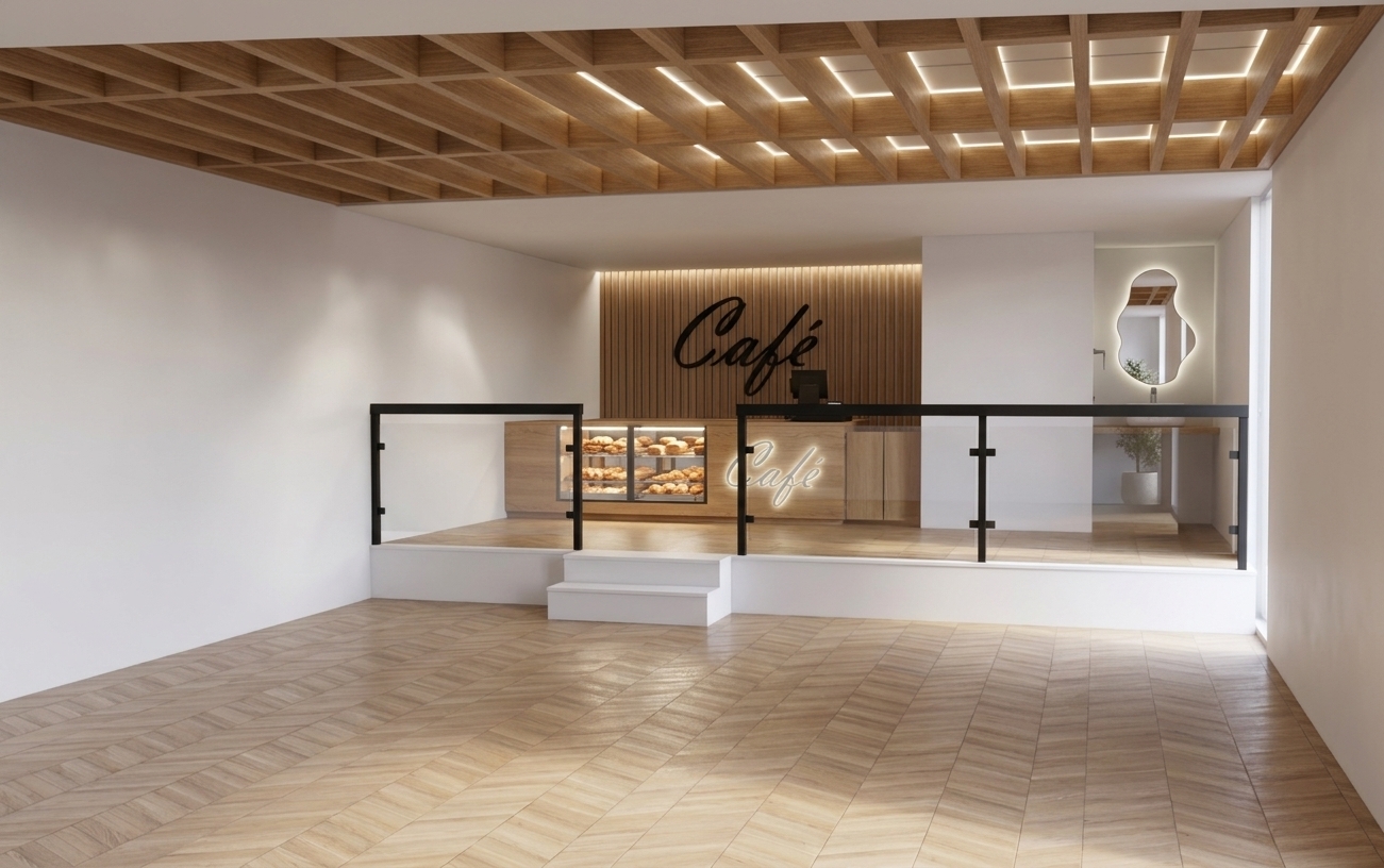 An incredibly lifelike, richly detailed, photorealistic wide-angle interior photograph of a modern coffee shop set in a Scandinavian sanctuary interior. The scene is illuminated by soft, diffused daylight filtering through the coffered ceiling integrated with subtle warm LED backlighting, creating a serene, inviting atmosphere. Captured with a 24mm architectural lens, emphasizing rich light oak wood grain, polished glass reflections, matte white walls, and sleek black metal accents.

In the foreground, a beautifully detailed light oak herringbone parquet floor glides toward a raised platform defined by a crisp white base and sleek black metal guardrails with clear glass panels. Centered steps invite guests up to the main counter bar, crafted from warm wood with clean lines and featuring an illuminated glass pastry display showcasing fresh baked goods and an elegant cursive "Café" motif. Behind the service counter, a full-height vertical timber slat wall creates a warm, tactile backdrop adorned with a stylish black script logo, while an adjacent white partition wall hosts a modern, organically-shaped vanity mirror that subtly reflects the tranquil light. Overhead, an intricate waffle-grid oak ceiling installation casts soft, geometric shadows across the room, perfectly unifying the warm minimalist aesthetic of this Scandinavian coffee retreat.