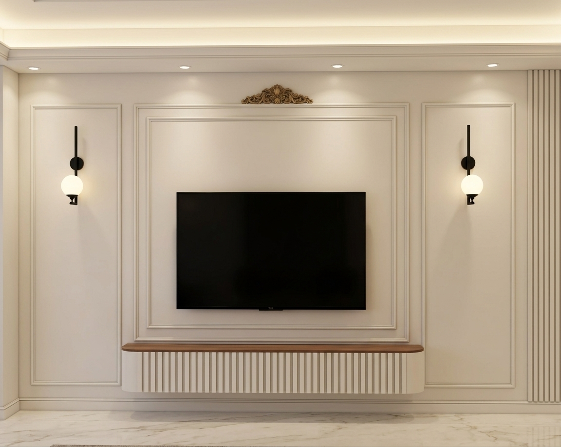 An incredibly lifelike, richly detailed, photorealistic straight-on eye-level shot of a sophisticated living room feature wall set in a high-end, modern Art Deco home. The scene is illuminated by warm, layered light from concealed ceiling coves, subtle recessed spotlights, and a pair of softly glowing spherical sconces, creating a glamorous and inviting atmosphere. Captured with a 35mm architectural lens, emphasizing the crisp geometric wainscoting, smooth matte panels, detailed crown ornamentation, and light reflections off the polished marble floor. Centered in the symmetrical arrangement, a sleek black flat-screen TV rests within an elegant picture-frame molding topped by a delicately carved decorative crest. Flanking the center panel, black minimalist sconces hold luminous opal glass globes, casting balanced ambient light across the off-white wall. Below, a streamlined floating media console features a warm natural wood top atop a finely fluted base, seamlessly uniting classic ornamental charm with chic, contemporary design.