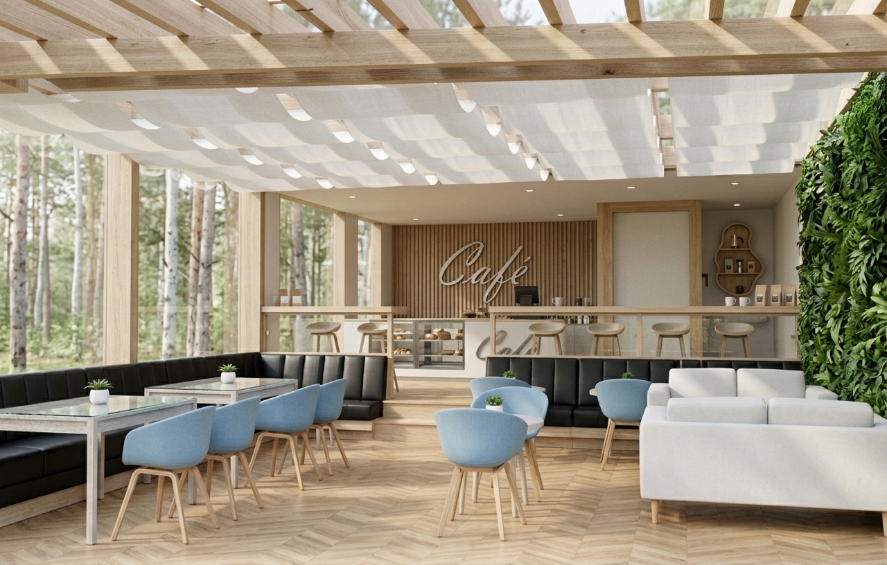 An incredibly lifelike, richly detailed, photorealistic interior photo of a modern coffee shop set in a serene Scandinavian sanctuary environment. The scene is illuminated by soft, dappled natural daylight filtering gracefully through an overhead timber pergola draped with undulating white fabric canopy curtains, creating a warm, airy, and tranquil atmosphere. Captured with a 24mm architectural wide-angle lens, emphasizing the natural timber grains, soft linen textures, and vibrant organic foliage, the view showcases a beautifully composed space. Crisp herringbone-patterned light oak flooring leads toward an elevated service bar framed by a vertical wood-slat accent wall with stylish cursive signage. To the right, a dense, floor-to-ceiling living green wall introduces lush biophilic warmth. Clean-lined sky-blue tub chairs with blonde wood legs cluster around sleek white tables and black leather banquette seating, while a plush white minimalist lounge sofa rests peacefully in the foreground, embodying the quintessential comfort and light-filled elegance of Nordic design.