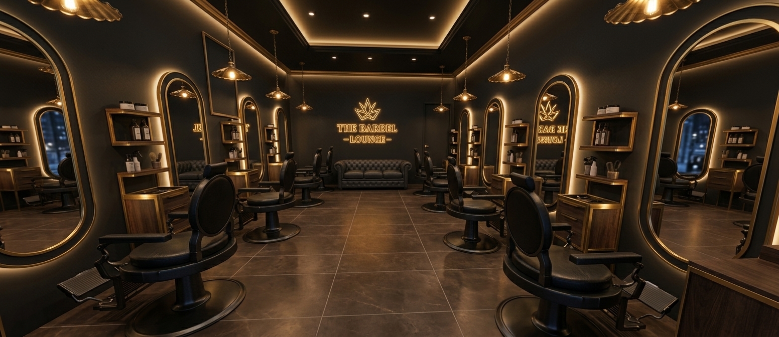 An incredibly lifelike, richly detailed, photorealistic wide-angle interior photo of a luxury barbershop lounge set in a moody urban setting at night. The scene is illuminated by ambient warm LED strip lighting recessed into the dark ceiling tray and perimeter edges, backlit halo lighting behind large arched mirrors, and soft downlights from brass vintage pendant lamps, creating a warm, comforting, and exclusive atmosphere. Captured with a 24mm architectural wide-angle lens, emphasizing the rich dark matte charcoal walls, lustrous polished gold trims, and the tactile grain of dark brown matte marble flooring that gently diffuses the amber glows. Down the symmetrical central aisle, ergonomic black leather barber chairs face custom dark-wood vanity units stocked with premium grooming products. At the far end, glowing golden metallic letters spell out "THE BARBER LOUNGE" above a plush tufted charcoal leather sofa, completing this ultra-sleek, masculine sanctuary.