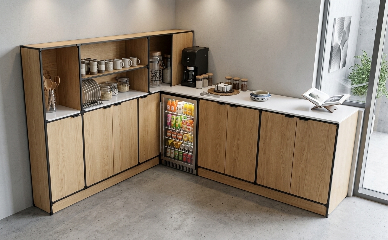 An incredibly lifelike, richly detailed, photorealistic eye-level interior photo of a modern fusion coffee shop service counter set in a sleek urban cafe environment. The scene is illuminated by soft, bright natural daylight pouring through a large window on the right, paired with gentle recessed warm lighting, creating a clean, inviting, and dynamic atmosphere. Captured with a 35mm prime lens, emphasizing the smooth texture of polished white composite countertops, the organic grain of light oak cabinet panels, and the stark contrast of industrial matte black metal framing. The L-shaped modular layout showcases open upper shelves filled with neatly organized ceramic mugs, glass canisters, and wooden utensils, leading down to a professional black espresso machine and carefully arranged condiment jars. Integrated into the lower cabinetry, a glass-door beverage cooler shines with neatly stacked colorful drinks, providing striking vibrant accents against a balanced palette of black and crisp white. Abstract monochromatic wall art hangs nearby alongside an open photography book on display, while a touch of lush greenery completes this minimalist, contemporary space with subtle warmth.