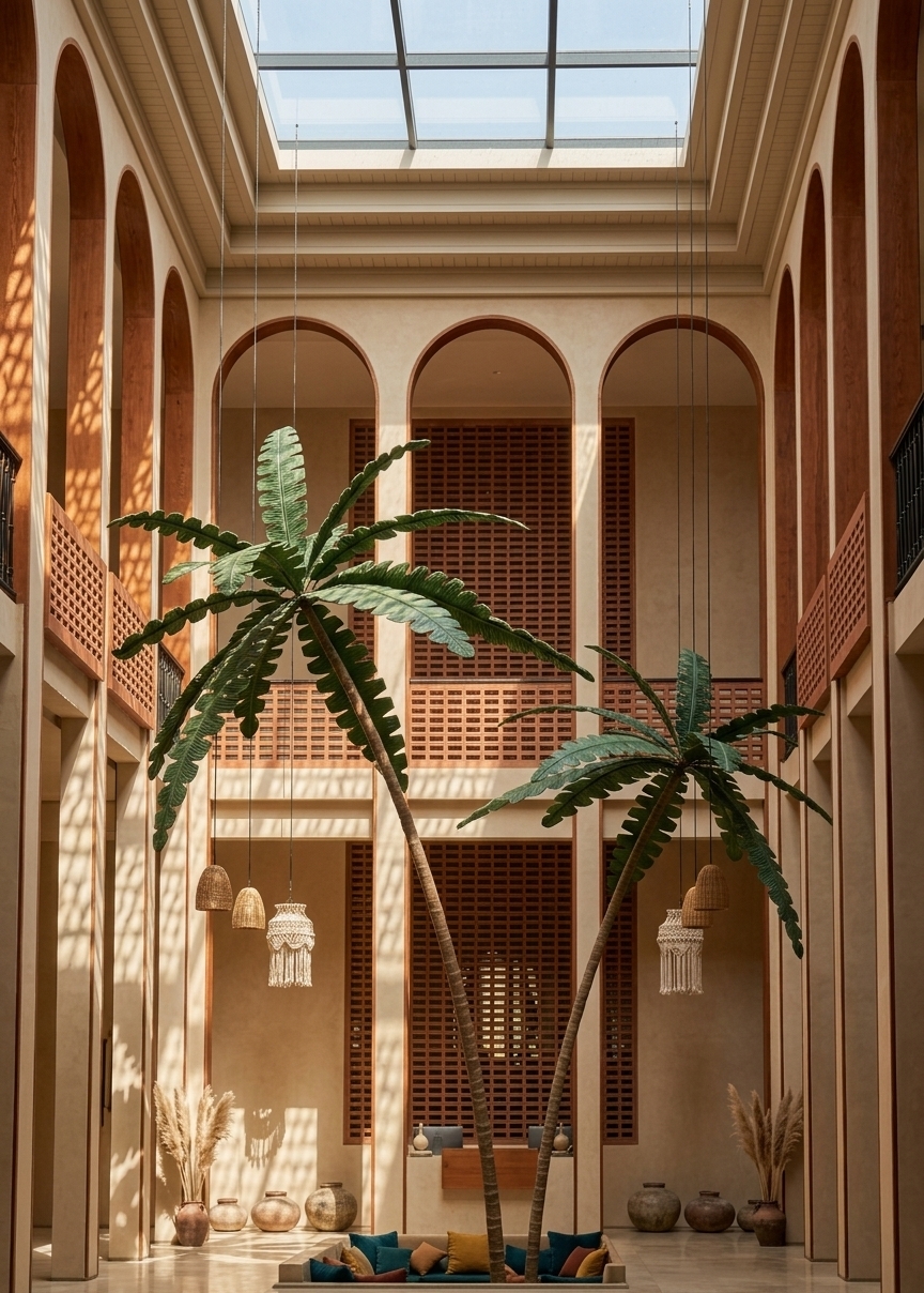 An incredibly lifelike, richly detailed, photorealistic interior photo of a grand hotel lobby designed as a bohemian oasis set in a luxurious summer resort at bright midday. The scene is illuminated by radiant overhead daylight filtering softly through a high rectangular skylight and beaming through intricate brick breeze-block screens, creating a warm, tranquil, and free-spirited atmosphere. Captured with a high-end 24mm architectural lens, emphasizing the tactile interplay of smooth sand-colored plaster, hand-carved wood, and vibrant indoor greenery. The soaring, double-height atrium is defined by elegant tall archways lined with warm rust-toned timber framing that frame a multi-story terracotta lattice wall. At the center of the space, two slender, arching palm trees rise gracefully out of a cozy sunken seating area layered with plush cushions in shades of deep teal, mustard, and rich terracotta. Cluster pendant lights crafted from woven rattan and macrame dangle effortlessly from above at staggered heights, casting soft decorative shadows against the polished limestone floor. Vintage-collected ceramic urns, clay pots, and tall floor vases filled with dried pampas grass line the base of the majestic arches, infusing the globally-inspired space with handcrafted charm and an eclectic, editorial quality worthy of a fine-art architectural photography book.