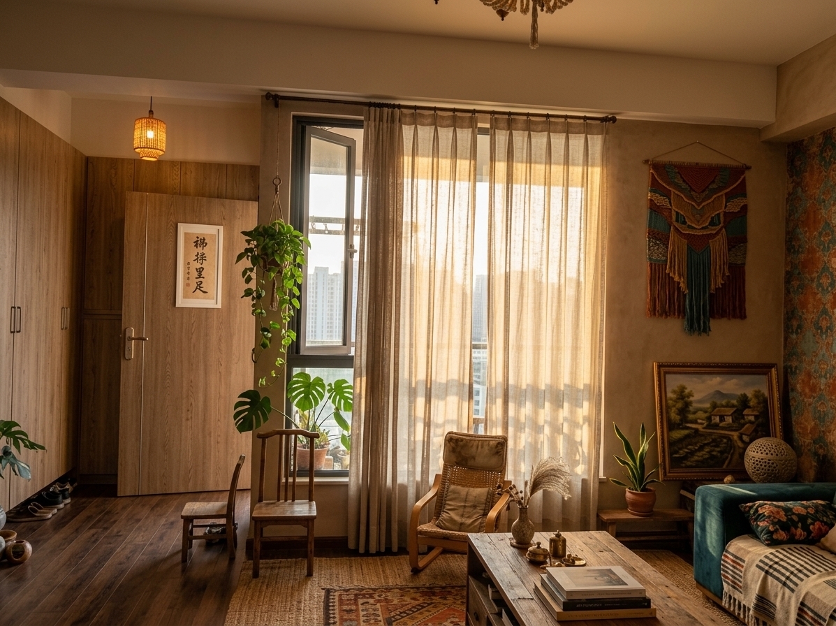 An incredibly lifelike, richly detailed, photorealistic wide-angle interior photograph of a warm bohemian oasis living room set in a sun-drenched urban apartment. The scene is illuminated by streaming late-afternoon golden hour sunlight filtering softly through floor-to-ceiling sheer linen drapes and the cozy amber light of a hand-woven rattan pendant lamp, creating a relaxed, free-spirited, and welcoming atmosphere. Captured with a Hasselblad X2D 100C with a 38mm f/2.5 lens, emphasizing tactile woven textures, lush foliage, and vintage handcrafted details.

Where plain walls once stood, a large, intricate textile tapestry wall art commands attention with rich shades of warm rust, deep teal, and mustard yellow over earthy neutral backdrop tones. The seating arrangement features a low-profile deep teal velvet sofa draped with pom-pom linen throws, accompanied by a sculptural rattan armchair and an intricately knotted macrame floor pouf. On the warm wood floor, a vibrant vintage pattern rug is artfully layered over a large, natural braided jute rug. A low reclaimed-wood coffee table showcases stacked fine art photography books, brass trinkets, and a terracotta vase overflowing with feathery pampas grass. Potted monsteras, trailing pothos, and lush floor plants frame the window view, while open wooden shelves hold a globally-inspired collection of vintage-collected ceramics and handcrafted treasures, completing this layered, eclectic haven.